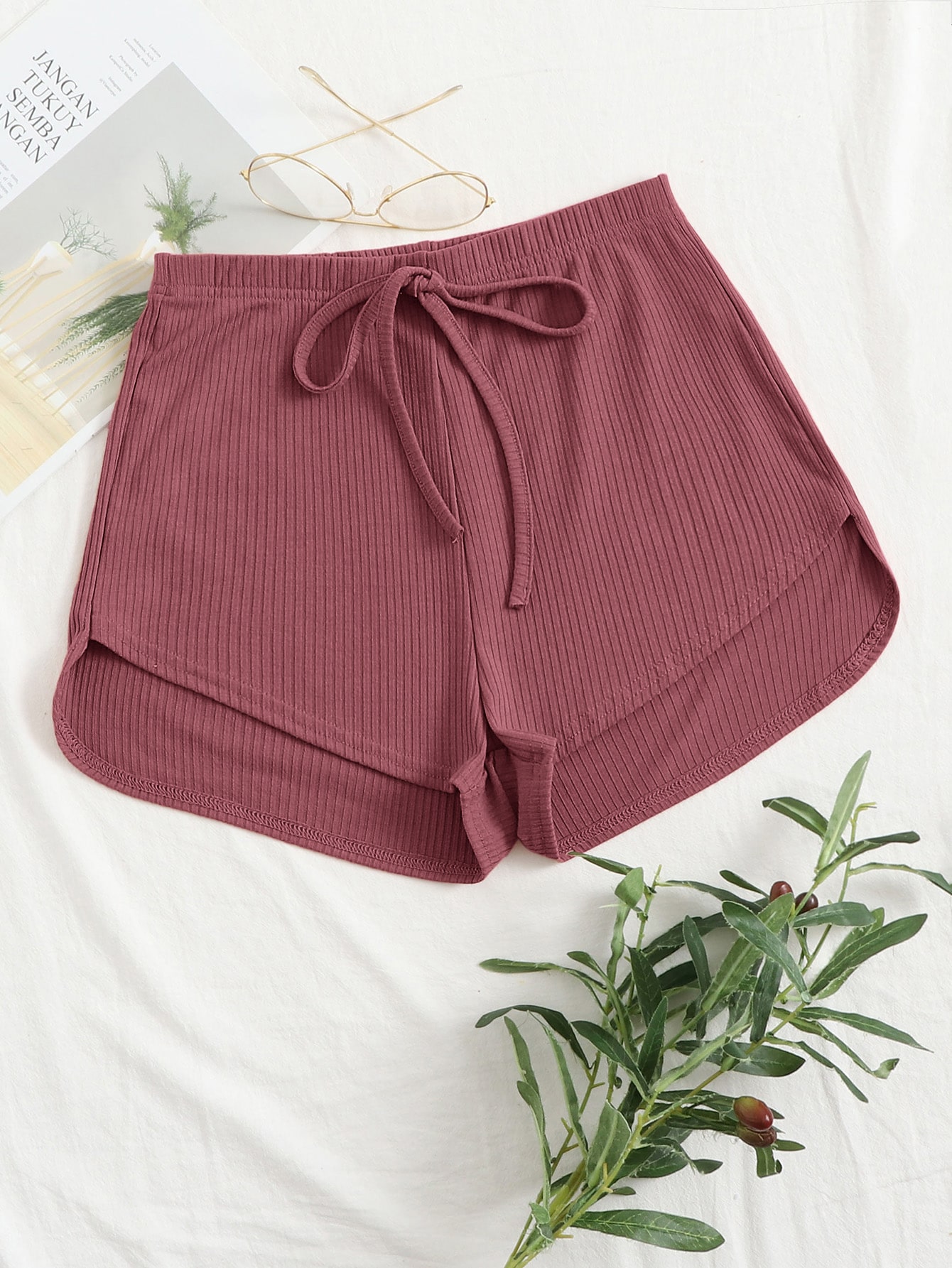 Plus Ribbed Drawstring Waist Shorts