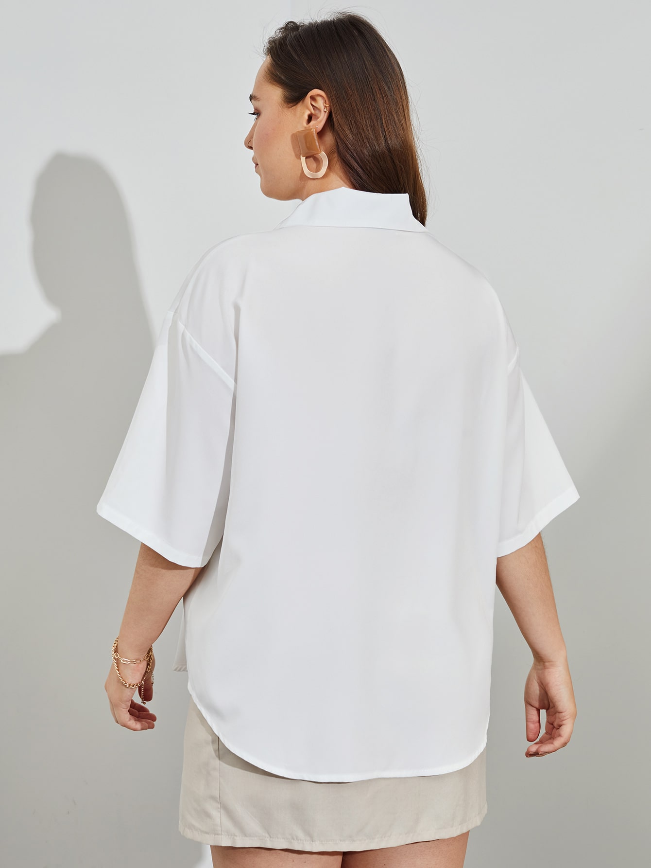Plus Solid Drop Shoulder Button Up Blouse