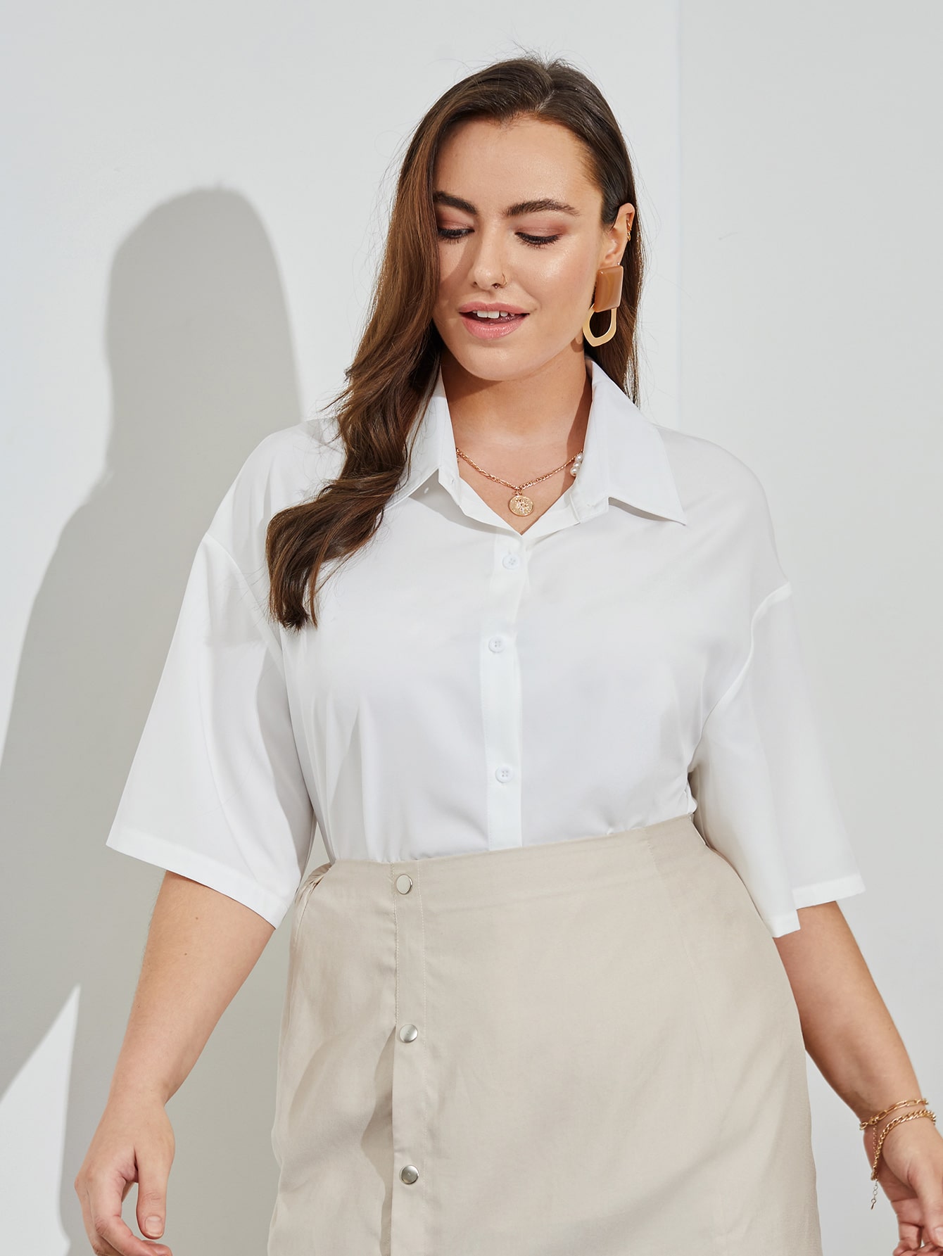Plus Solid Drop Shoulder Button Up Blouse