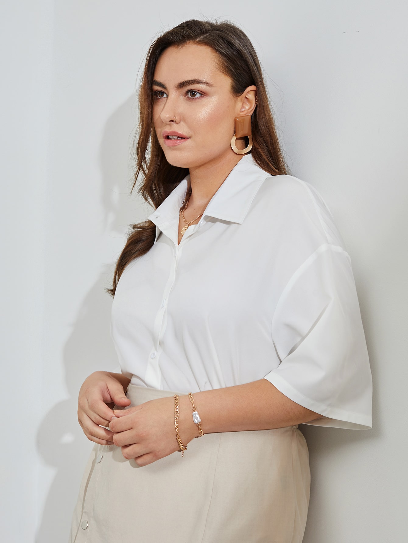 Plus Solid Drop Shoulder Button Up Blouse