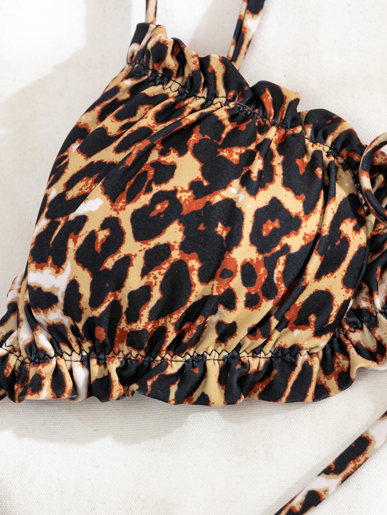 Summer Beach Leopard Print Bikini Set Frill Trim Triangle Bra & Tie Side Bottom 2 Pieces Bikini