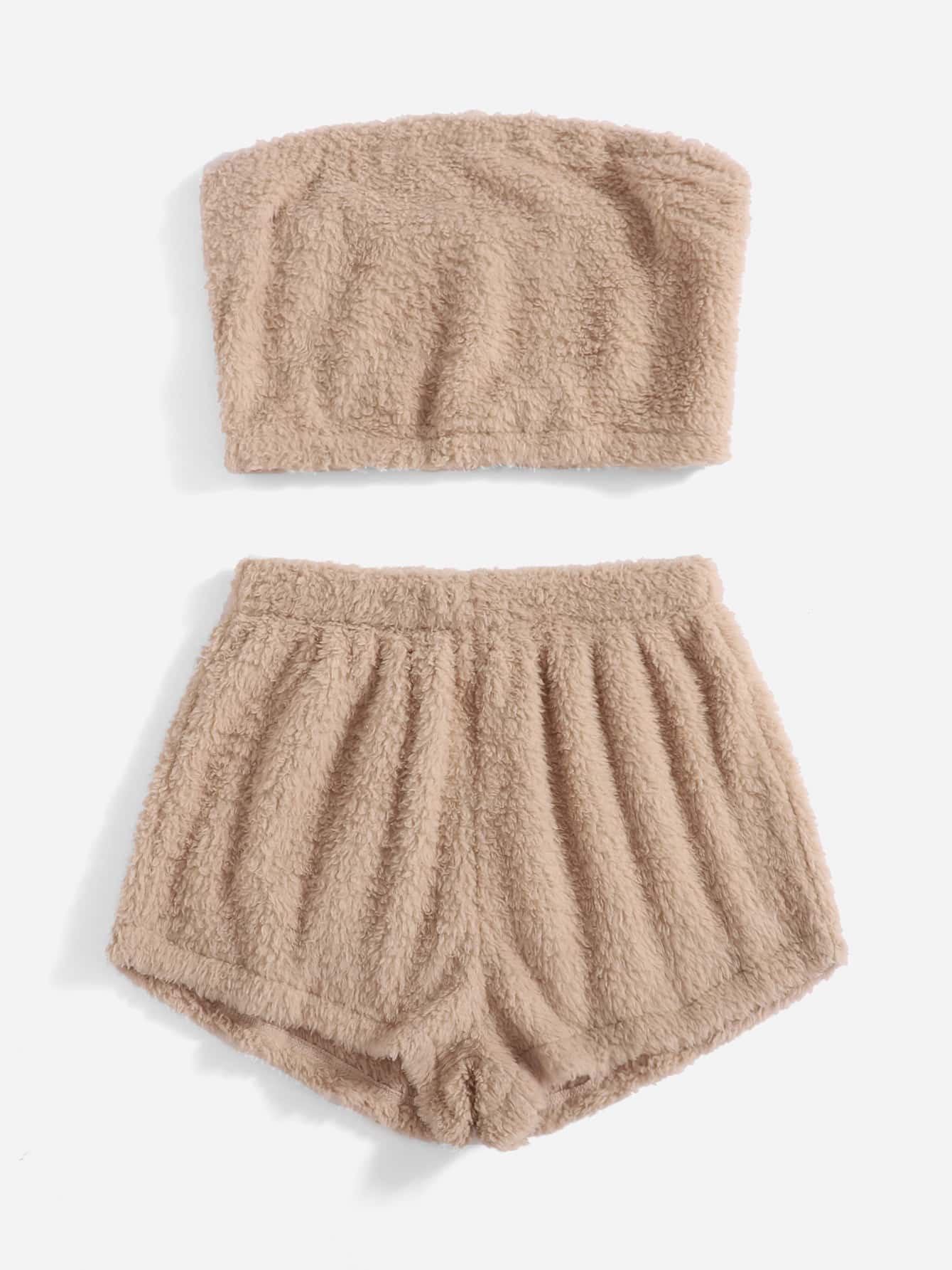 Solid Teddy Crop Tube Top & Shorts