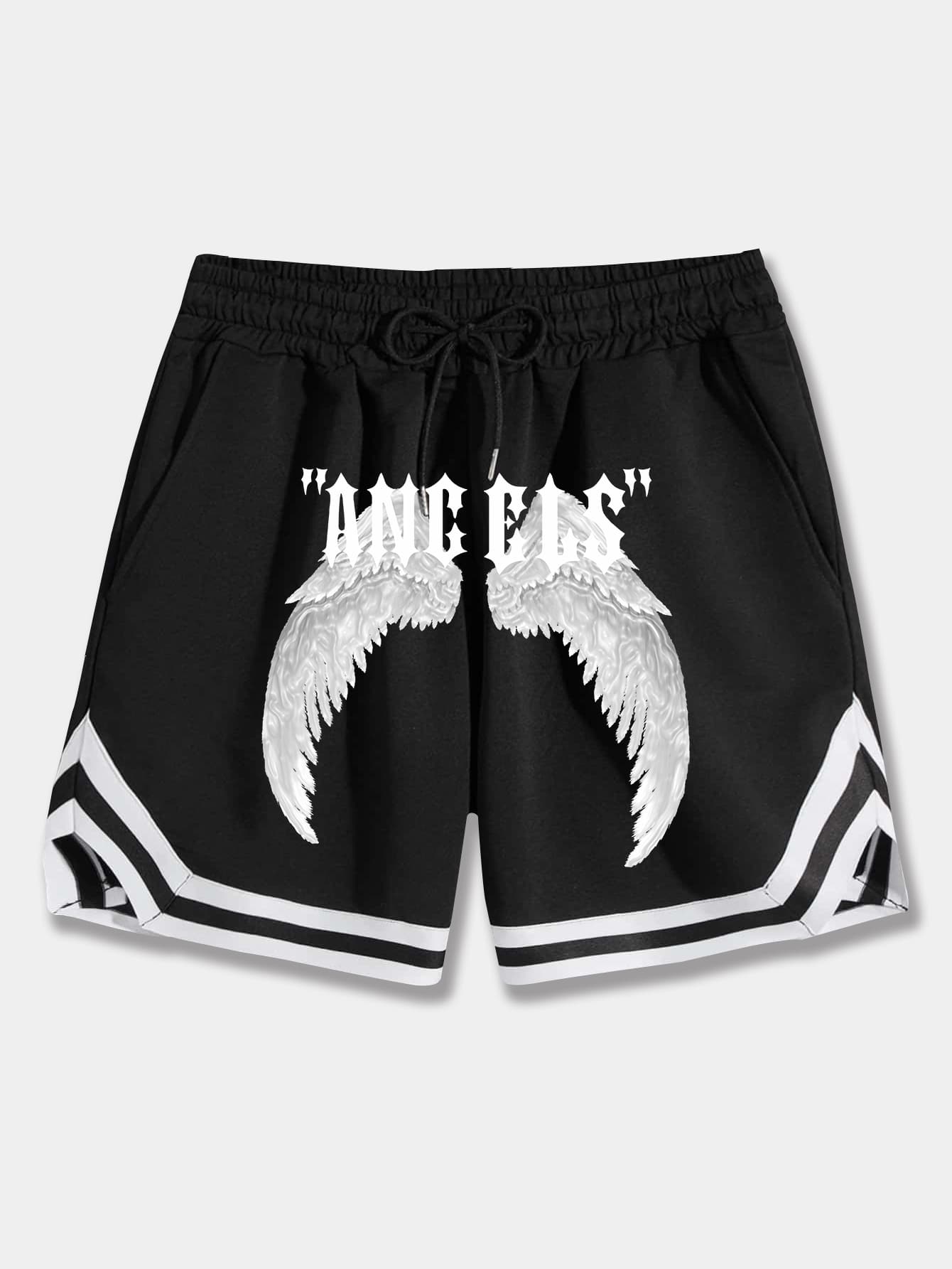 Men Wings & Letter Graphic Drawstring Waist Shorts, School