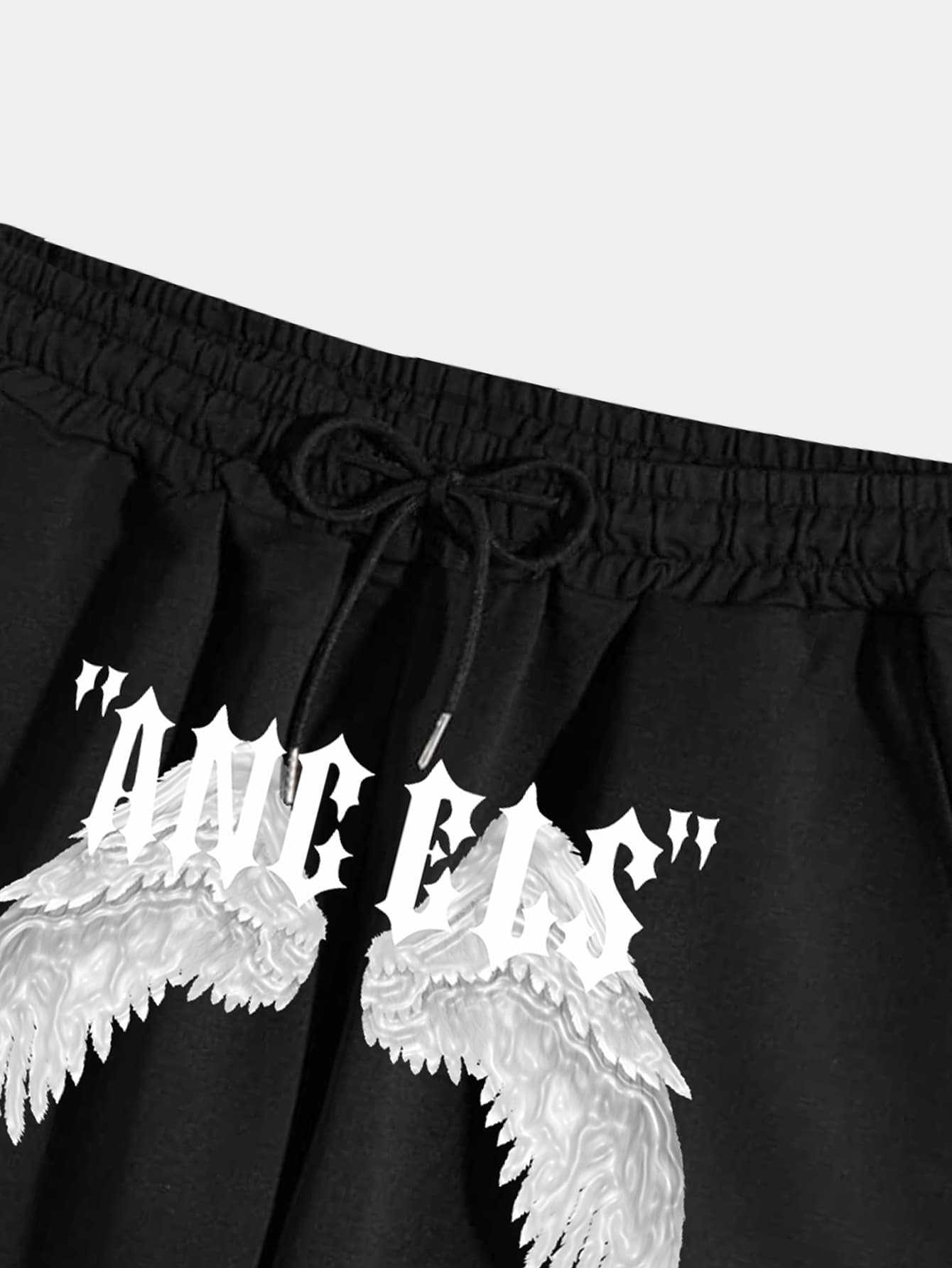Men Wings & Letter Graphic Drawstring Waist Shorts, School