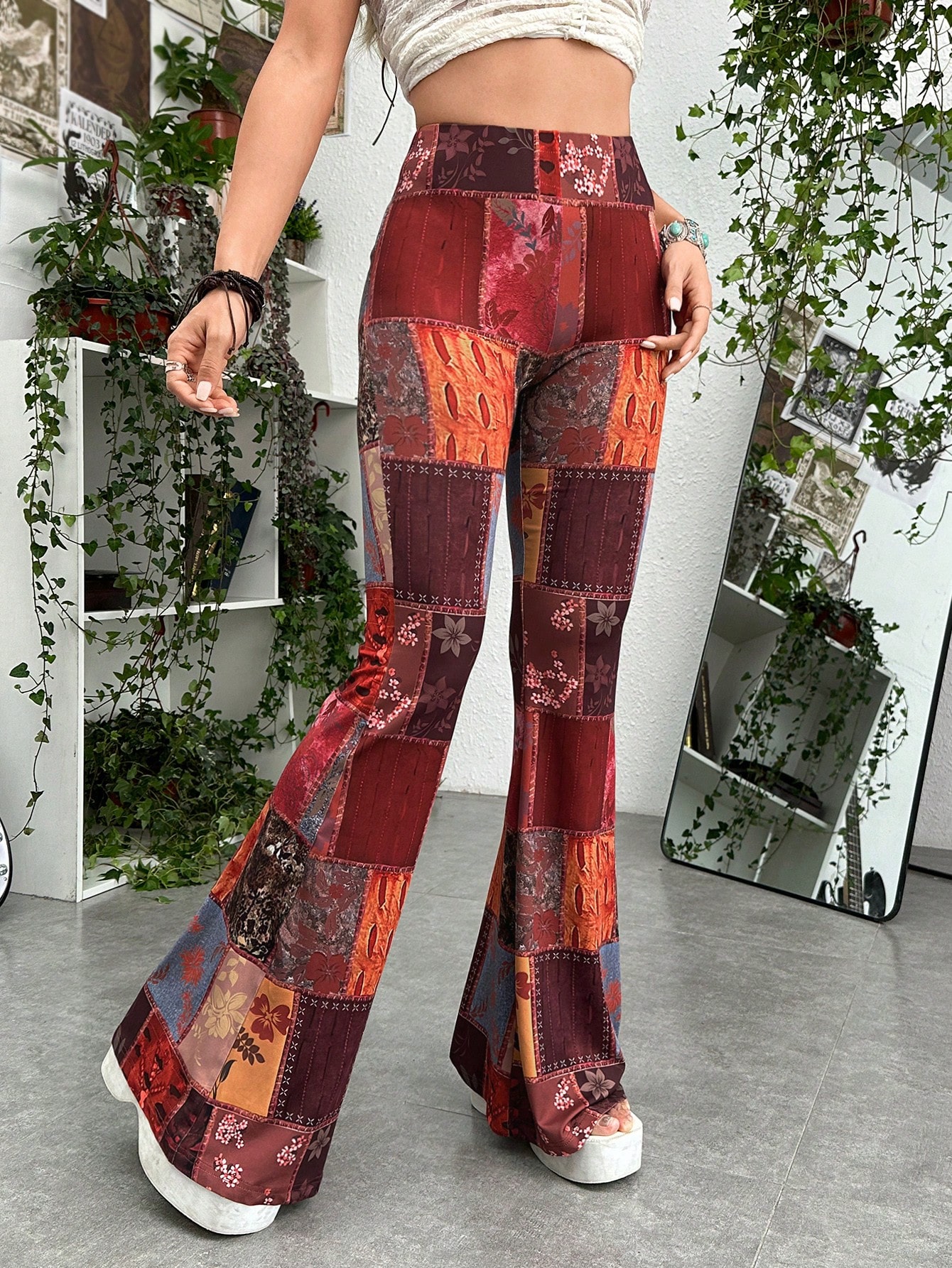 Grunge Patchwork Print Flare Leg Pants