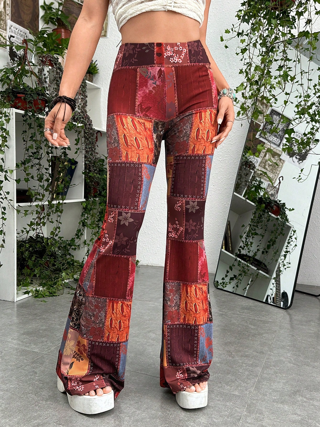 Grunge Patchwork Print Flare Leg Pants