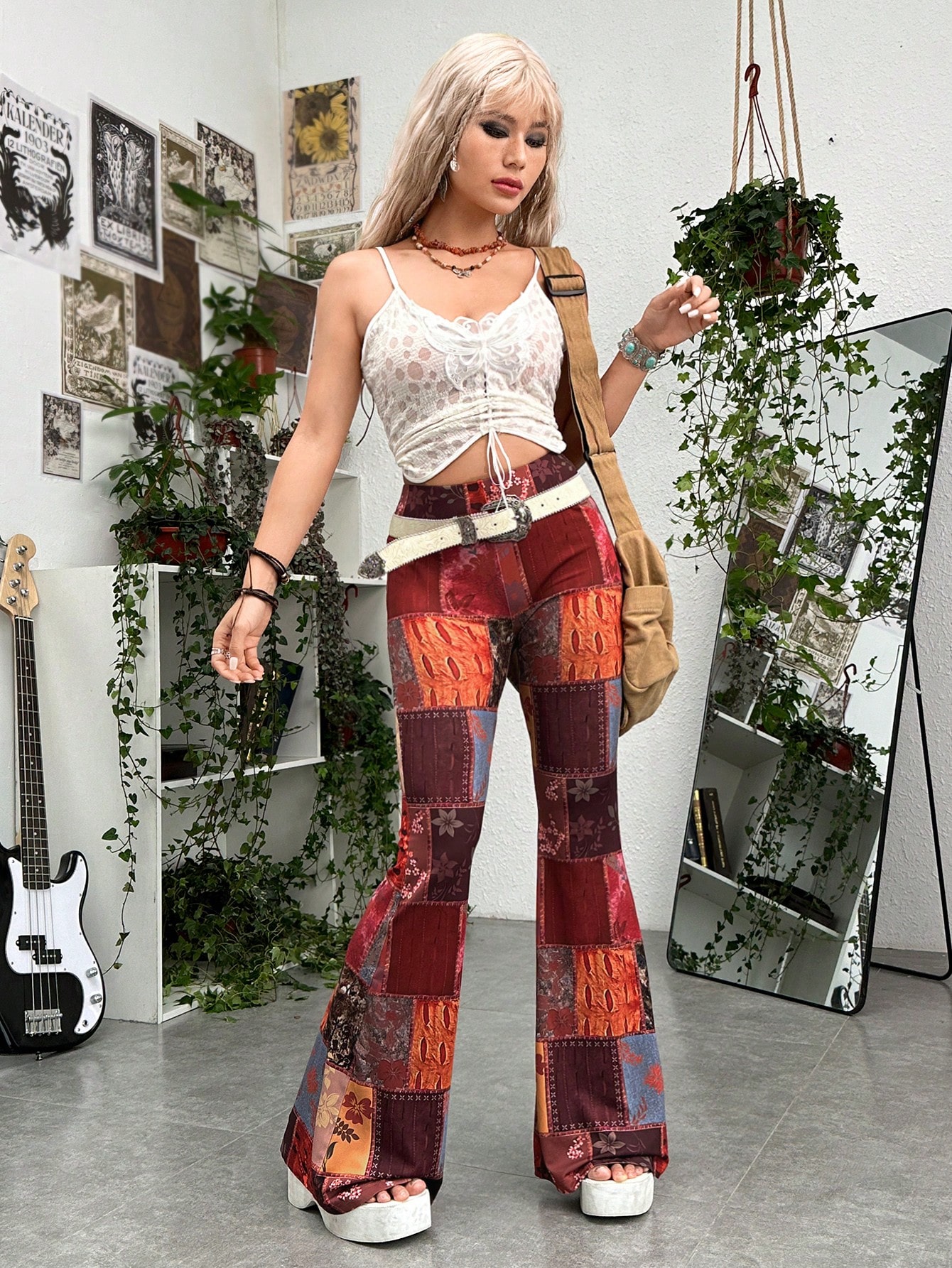Grunge Patchwork Print Flare Leg Pants
