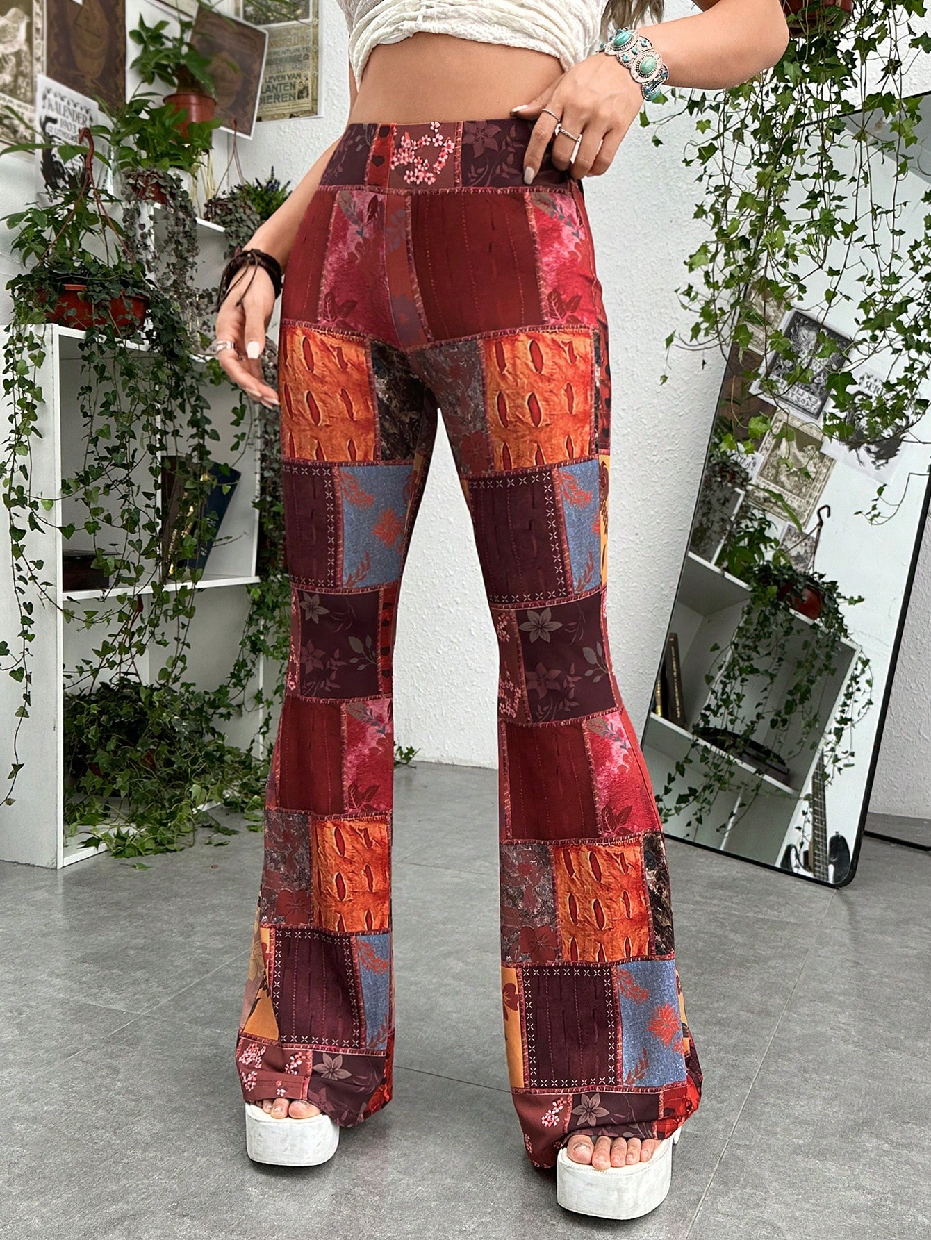 Grunge Patchwork Print Flare Leg Pants