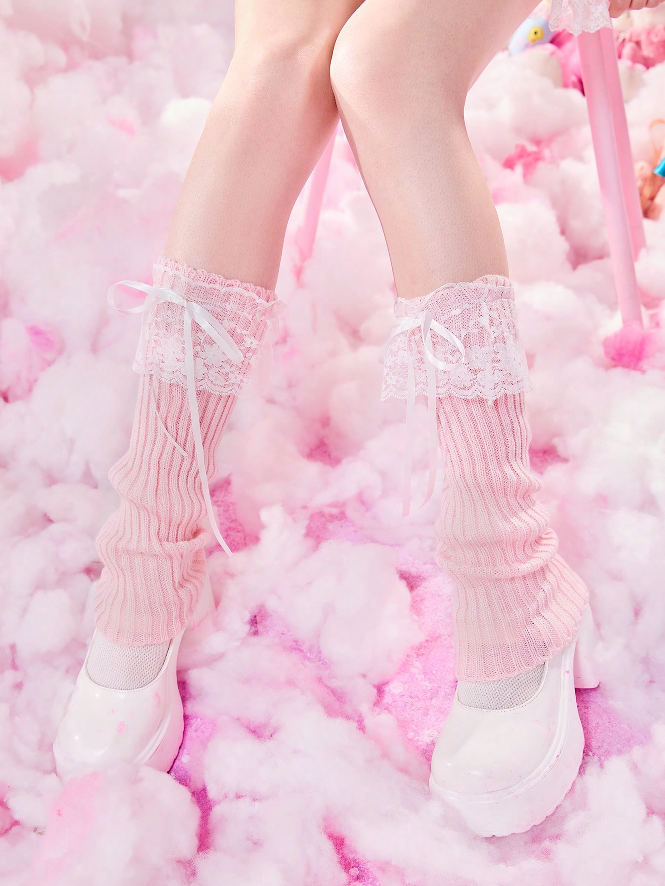 Kawaii 1pair Women Contrast Lace Bow Decor Leg Warmers