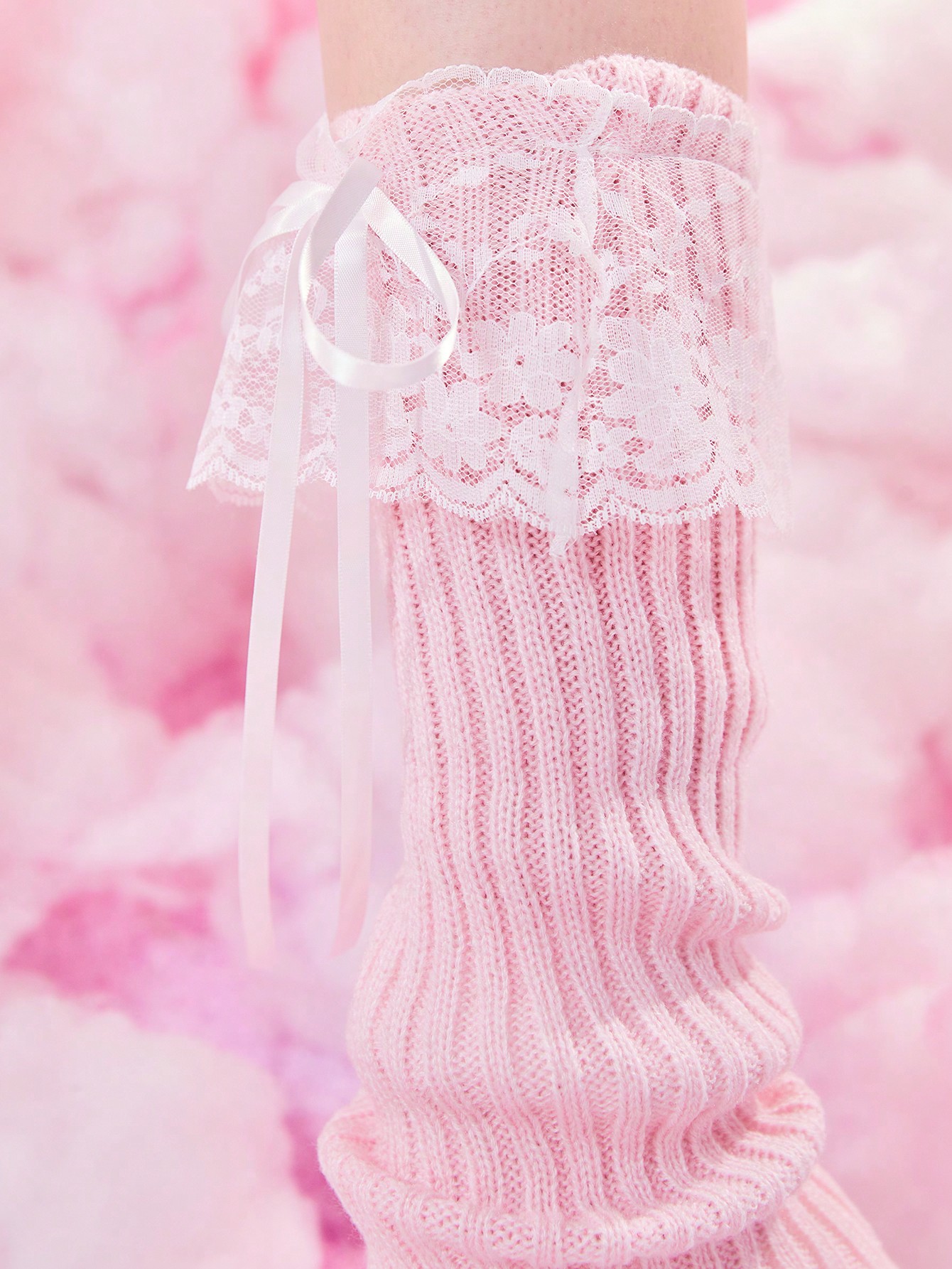 Kawaii 1pair Women Contrast Lace Bow Decor Leg Warmers