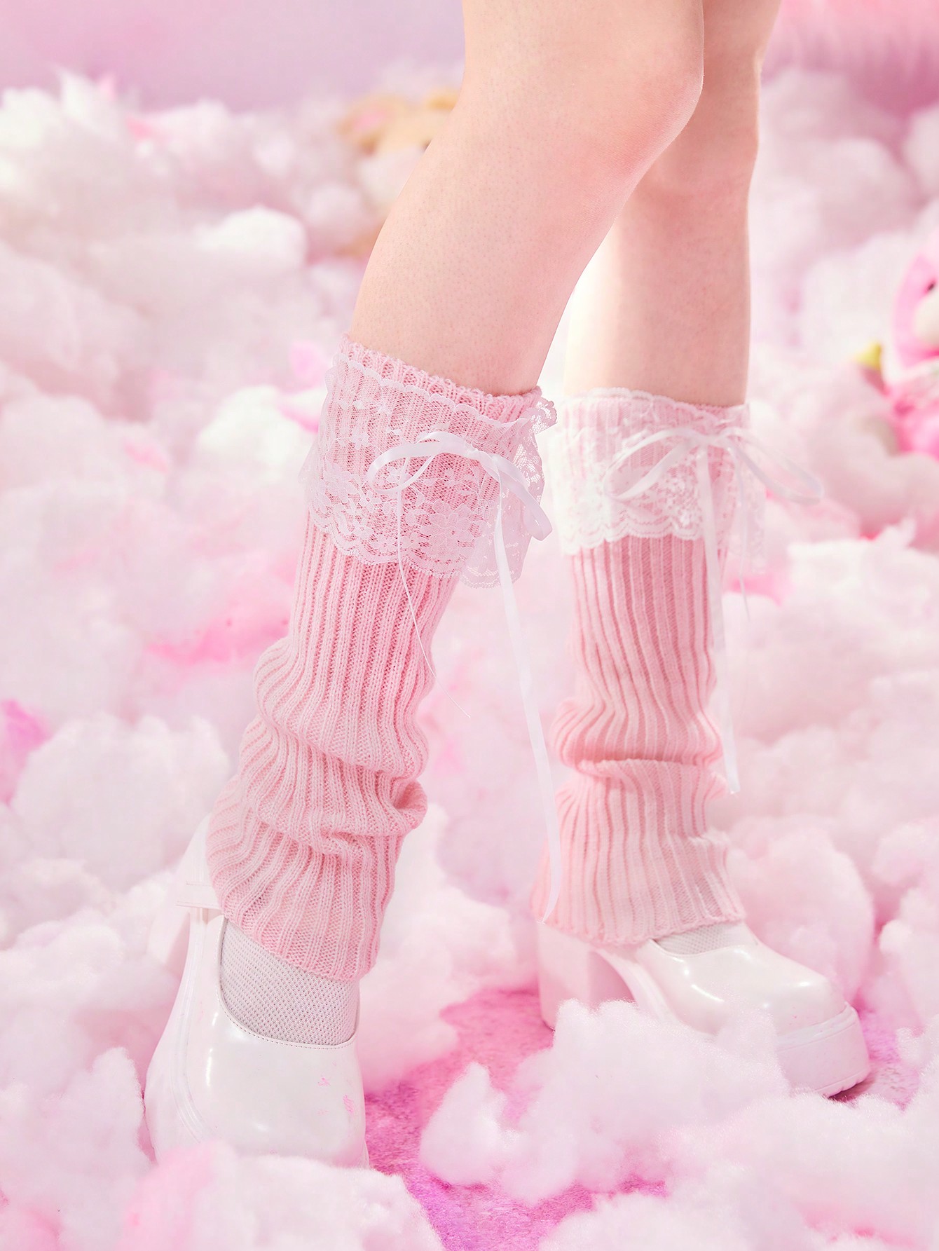 Kawaii 1pair Women Contrast Lace Bow Decor Leg Warmers