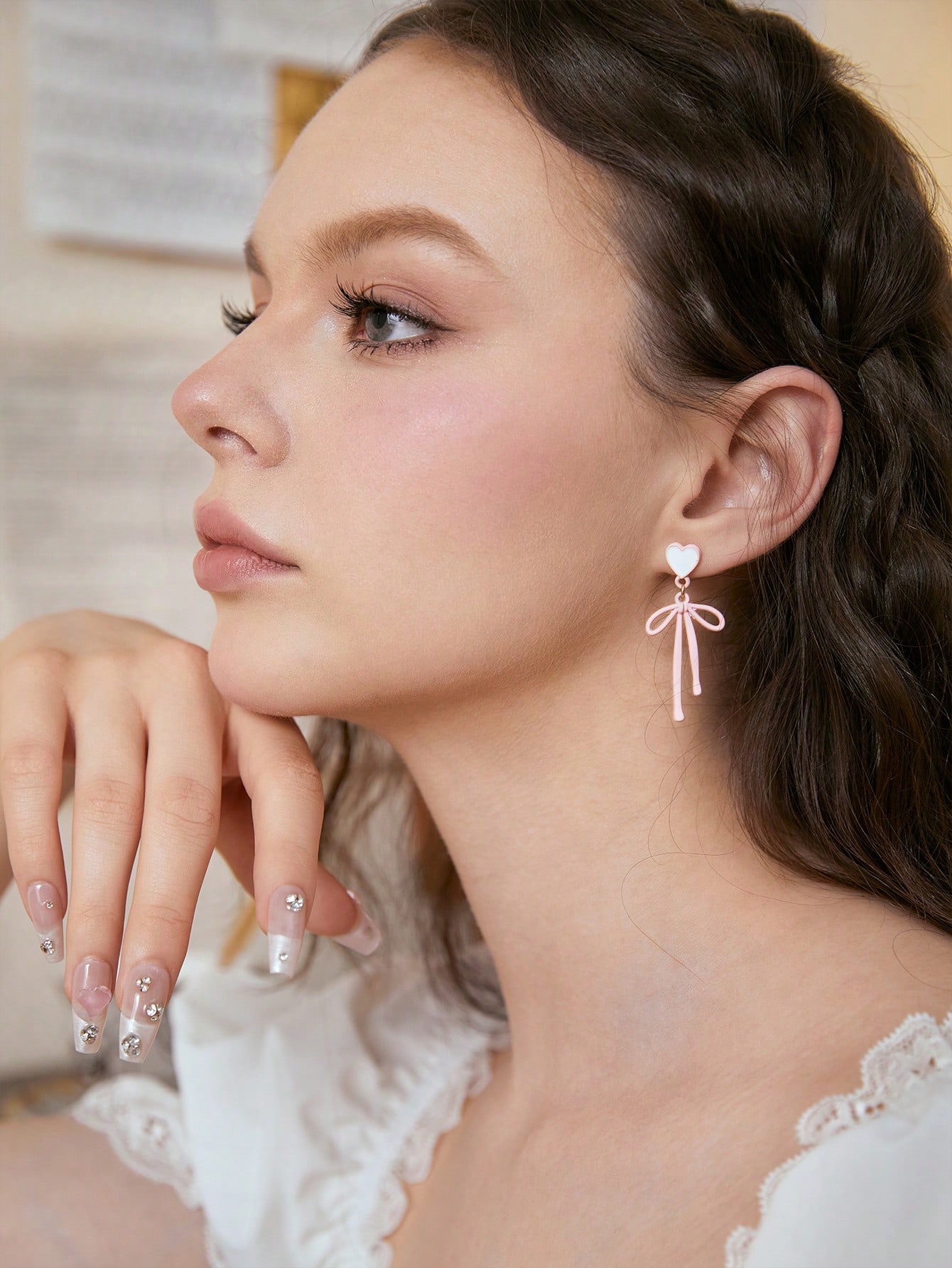 Kawaii 1pair Fashion Zinc Alloy Heart & Bow Drop Earrings For Women For Daily Decoration Valentines