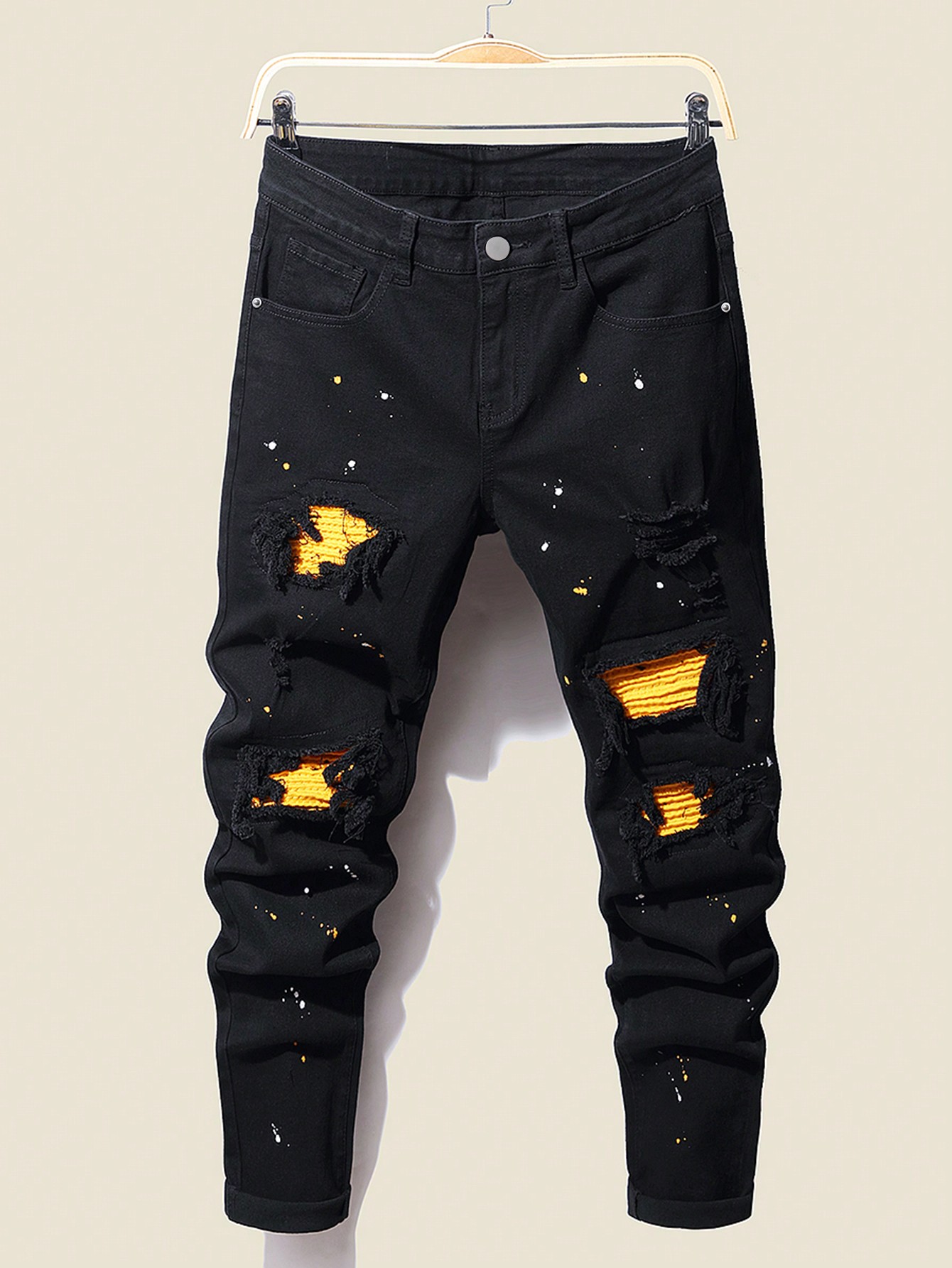 Guys Splash Ink Print Ripped Patched Jeans