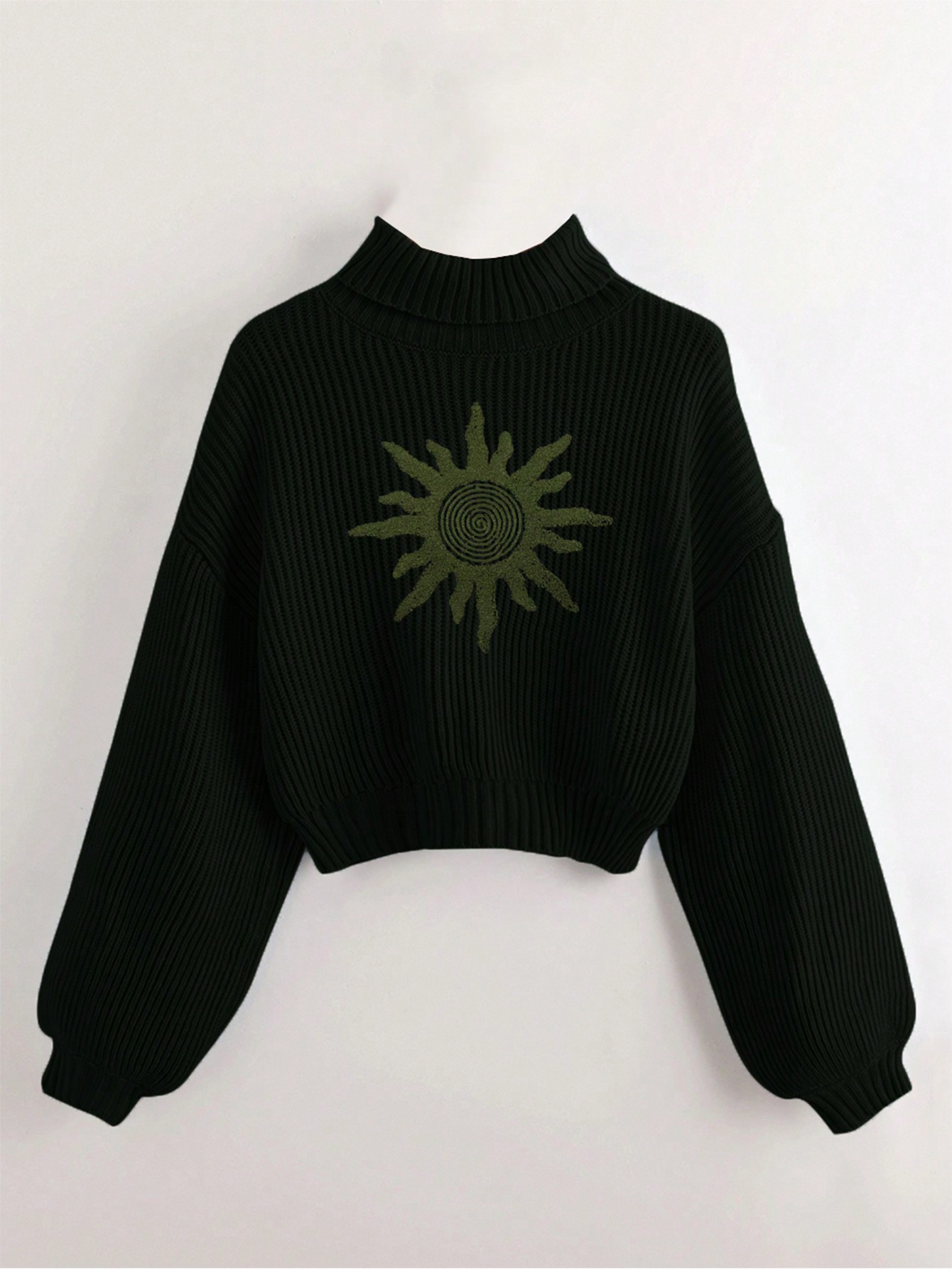 Hippie Stand Collar Lantern Sleeve Patterned Sweater,Long Sleeve Tops