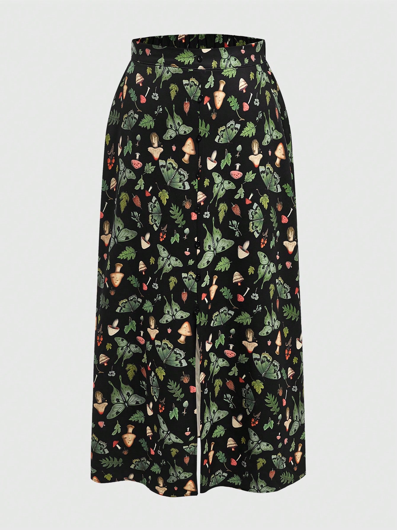 Fairycore Plus Size Mushroom And Plant Print Split Hem Skirt