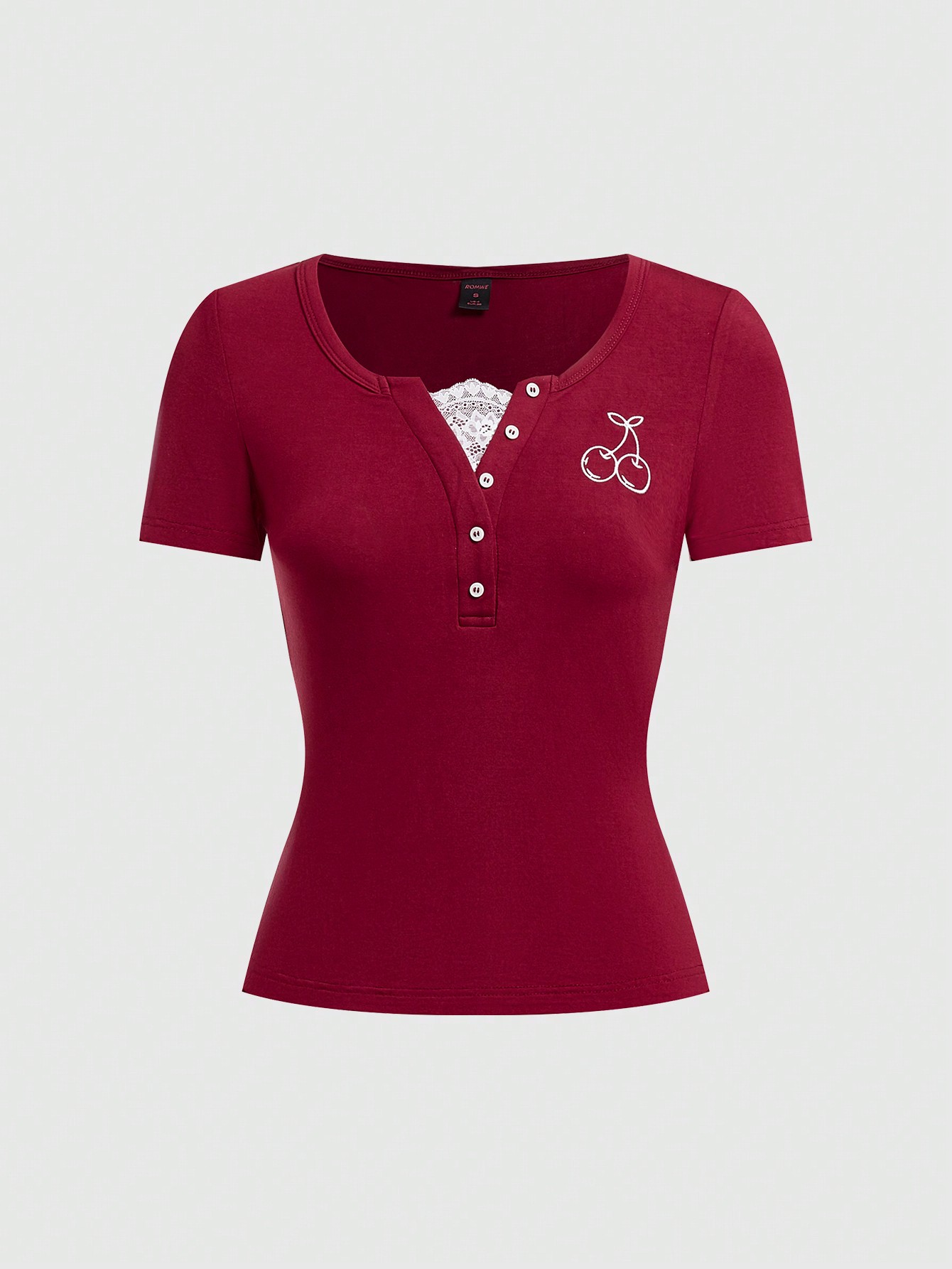 Kawaii Cherry Embroidered Lace Trim Short Sleeve T-Shirt