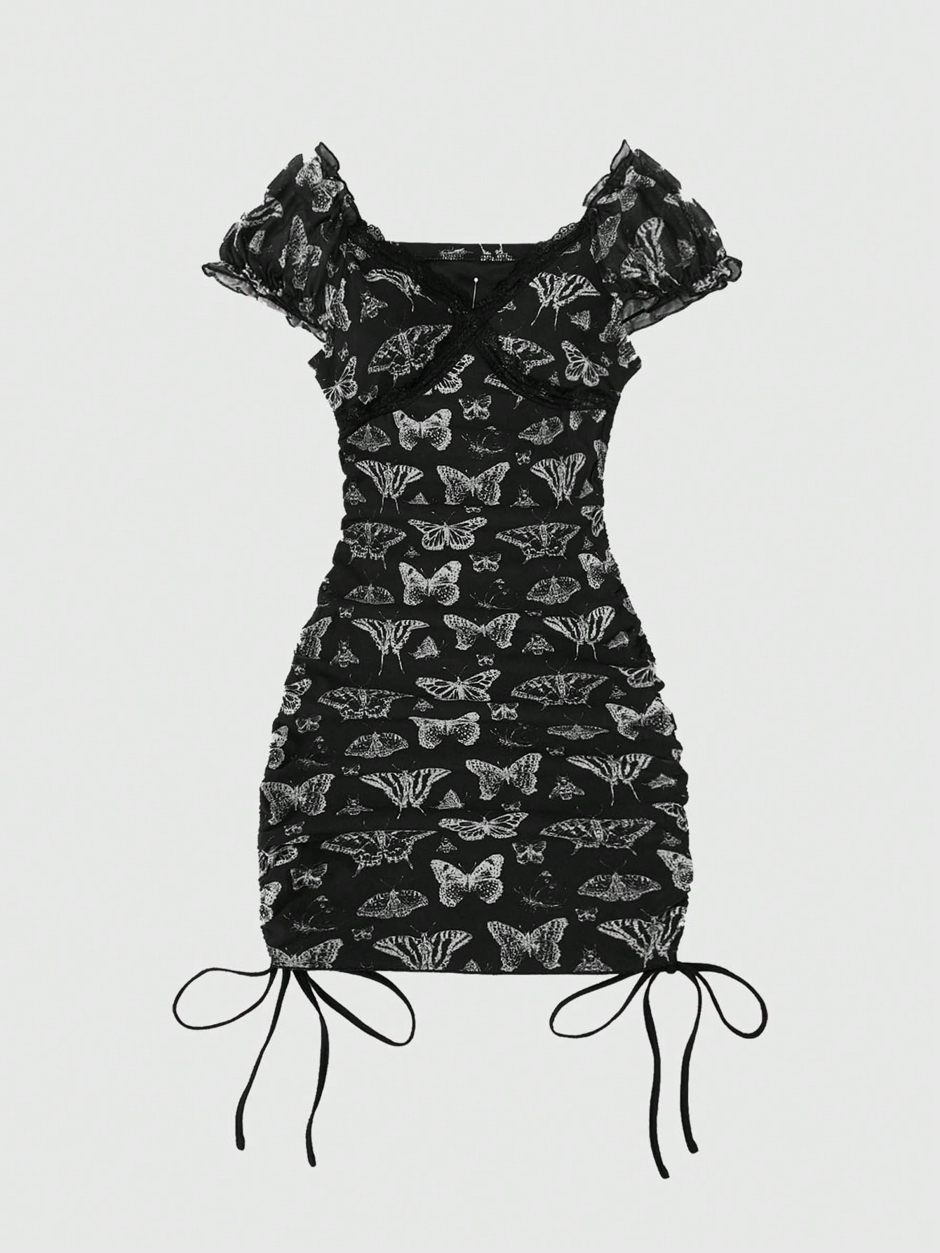 Kelsey Wilson Studio Fairycore Butterfly Print Drawstring Ruched Dress, School