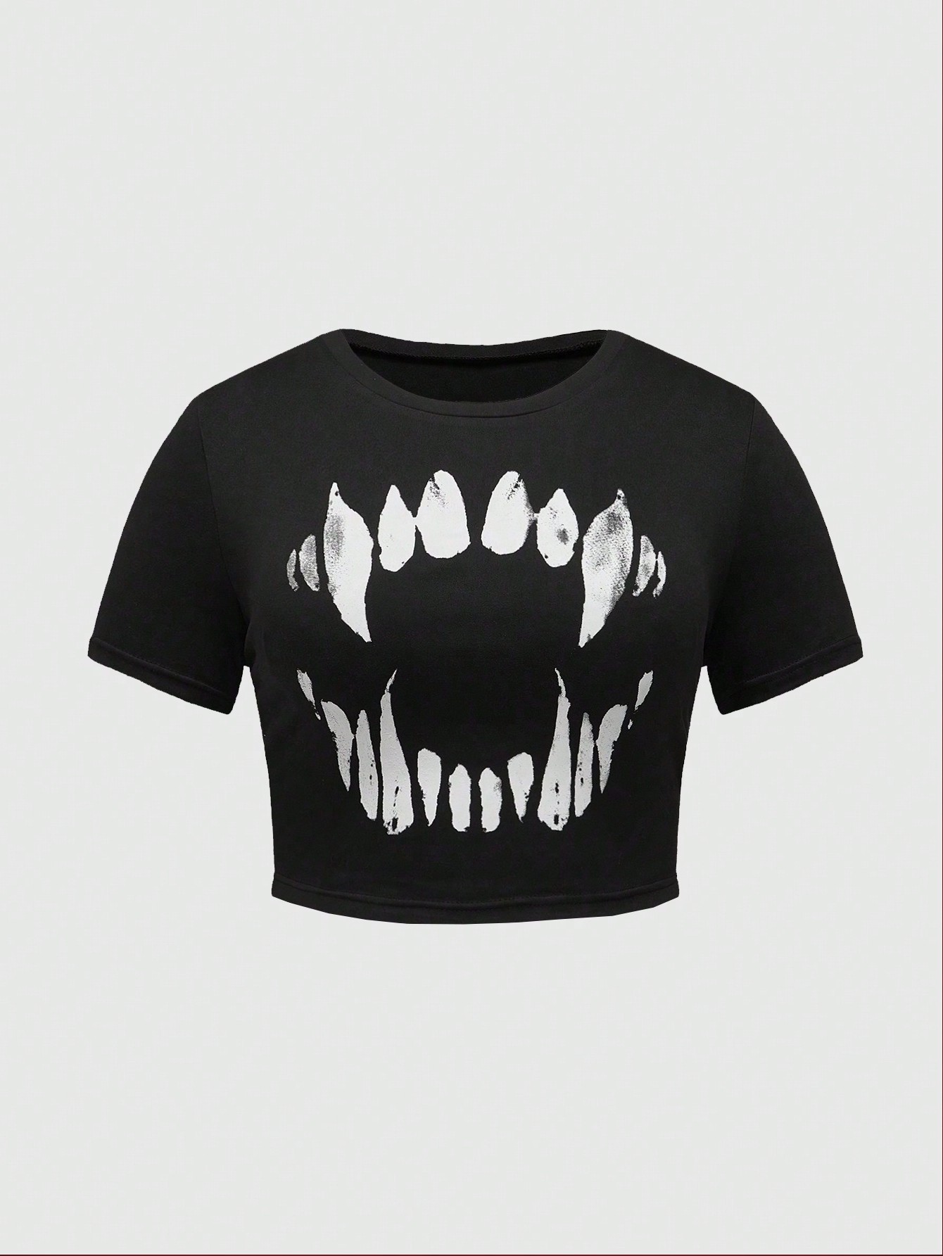 Goth Plus Size Summer Casual Slim Fit Cropped Tee With Tooth Print, School
