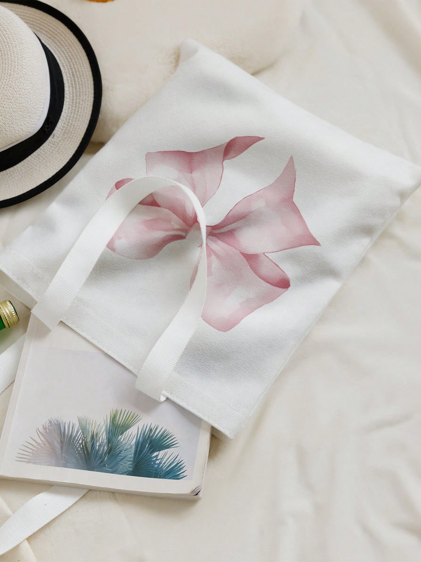 Kawaii Bowknot Pattern Double-Sided Printed Canvas Shoulder Bag, Tote Bags For School Valentines