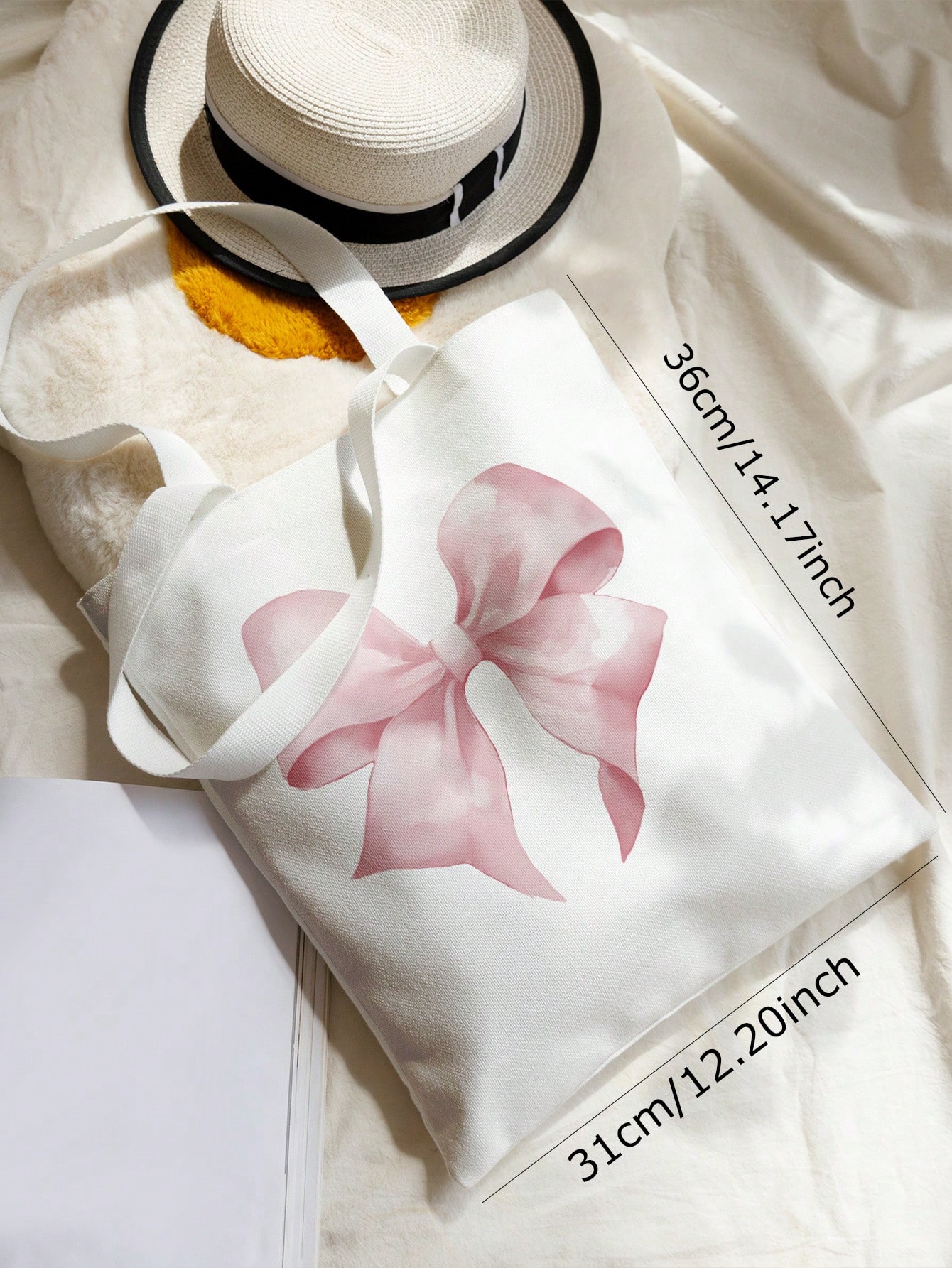 Kawaii Bowknot Pattern Double-Sided Printed Canvas Shoulder Bag, Tote Bags For School Valentines