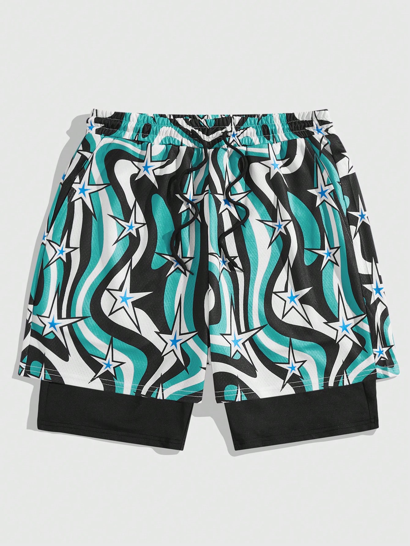 Prep Men's Casual Drawstring Waist Wide Striped Beach Shorts With Star & Wave Print