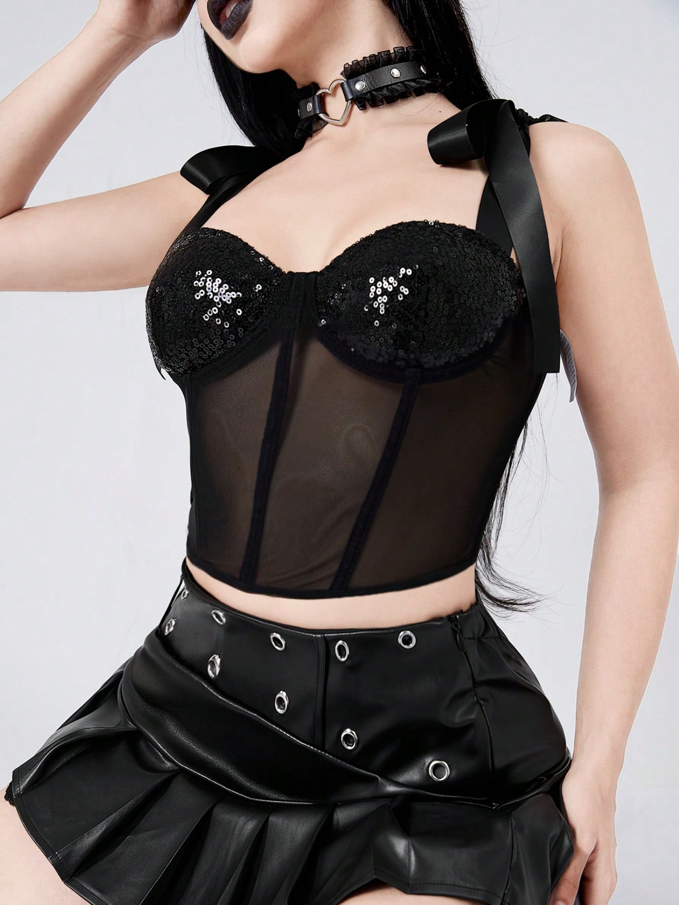 Grunge Punk Rope Strap Sequin Backless Underwire Push Up Bustier