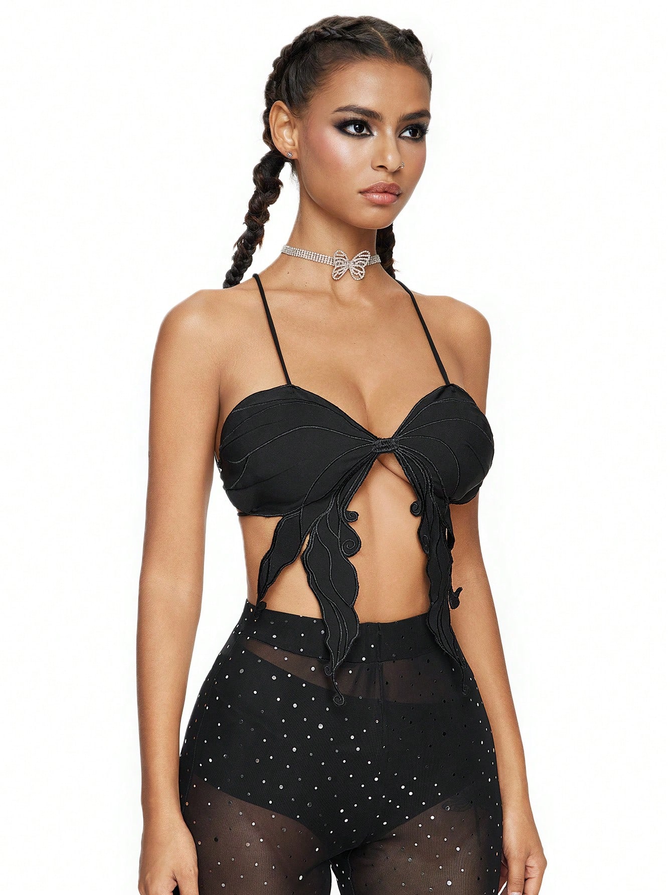Fairycore Solid Color Asymmetrical Hem Forest Bow Embroidery Backless Cami Top, Rave Festival