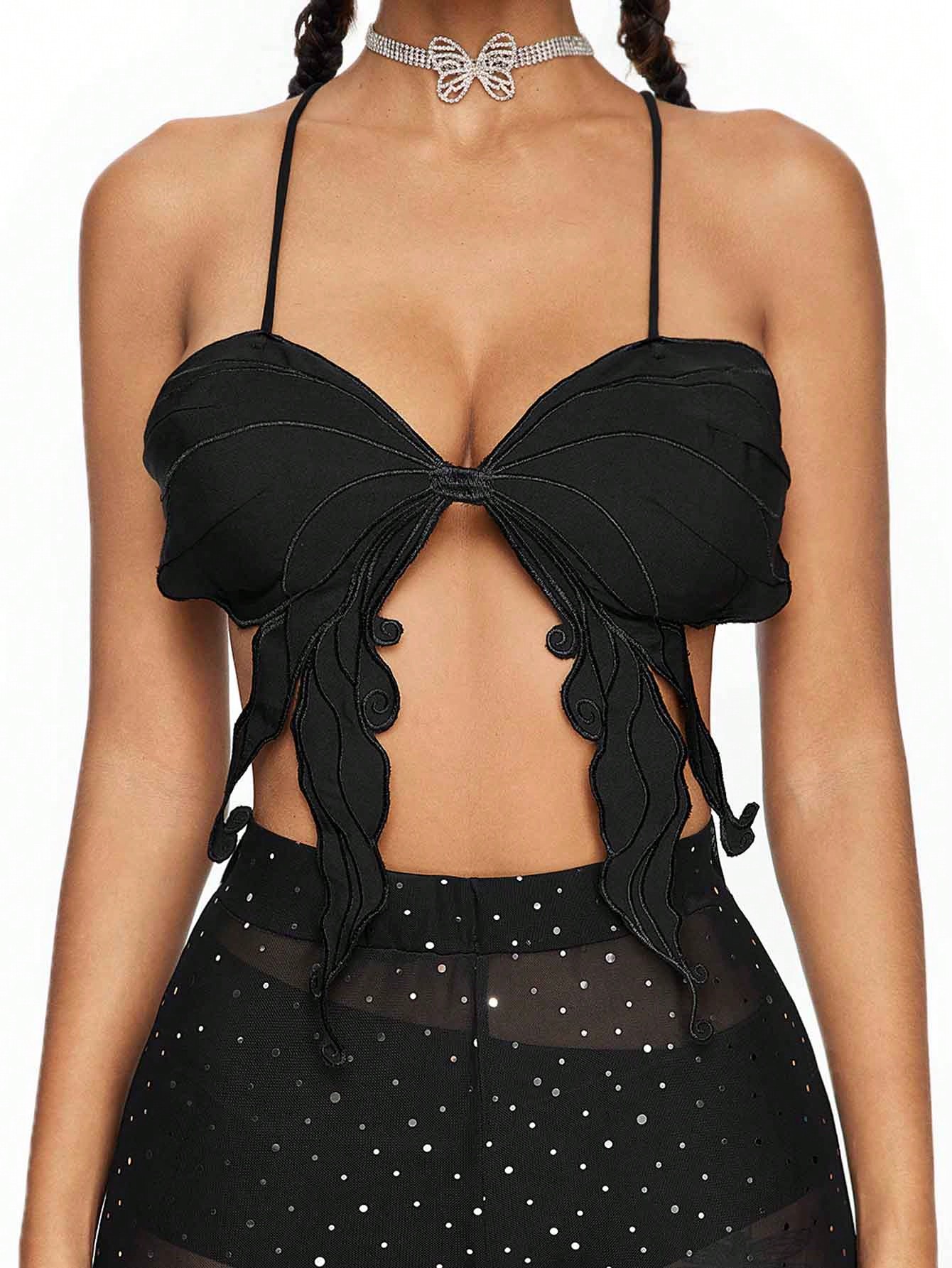 Fairycore Solid Color Asymmetrical Hem Forest Bow Embroidery Backless Cami Top, Rave Festival