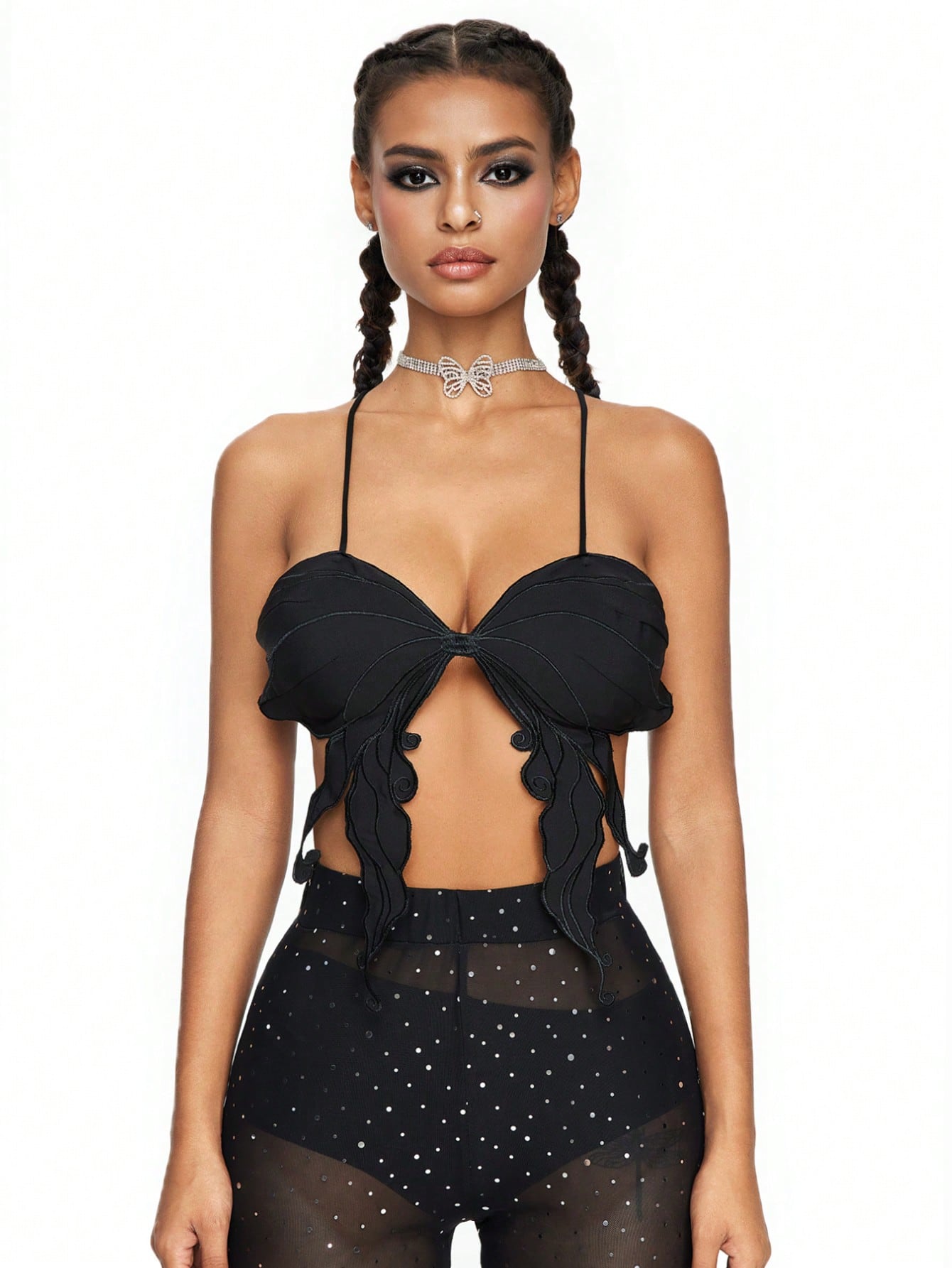 Fairycore Solid Color Asymmetrical Hem Forest Bow Embroidery Backless Cami Top, Rave Festival