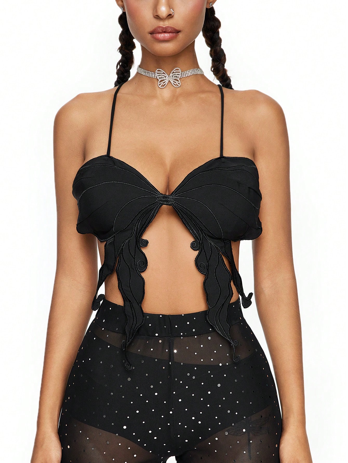 Fairycore Solid Color Asymmetrical Hem Forest Bow Embroidery Backless Cami Top, Rave Festival