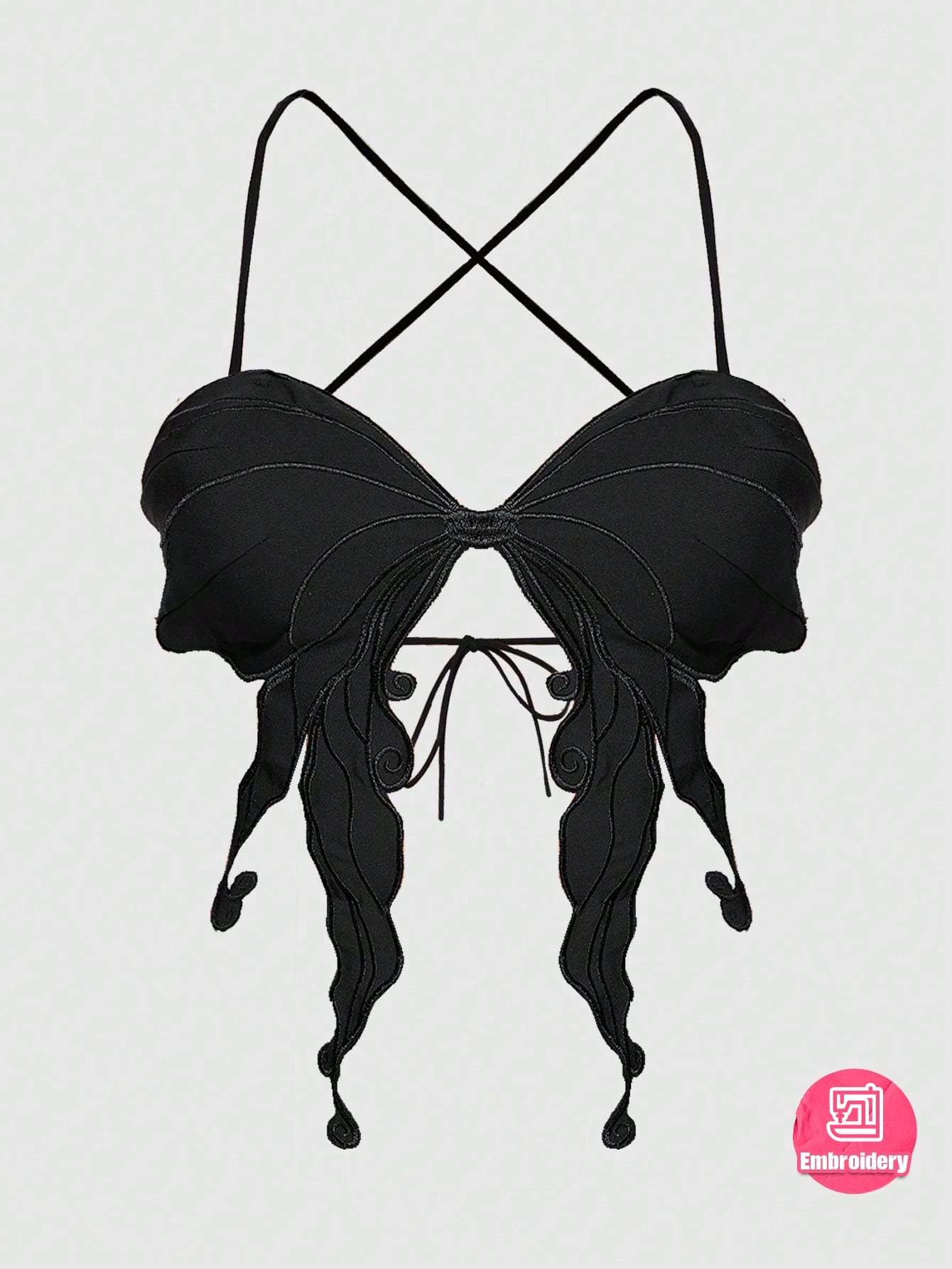 Fairycore Solid Color Asymmetrical Hem Forest Bow Embroidery Backless Cami Top, Rave Festival