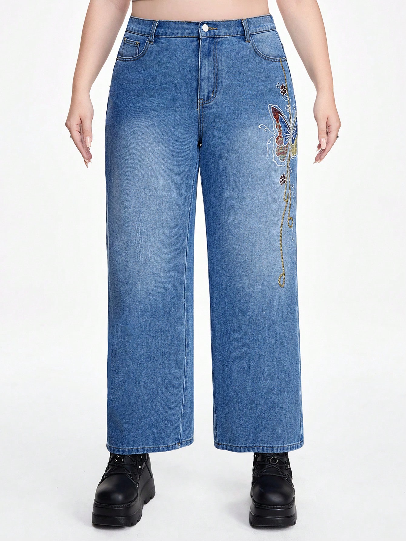 Fairycore Plus Size Straight Cut Butterfly Embroidered Jeans