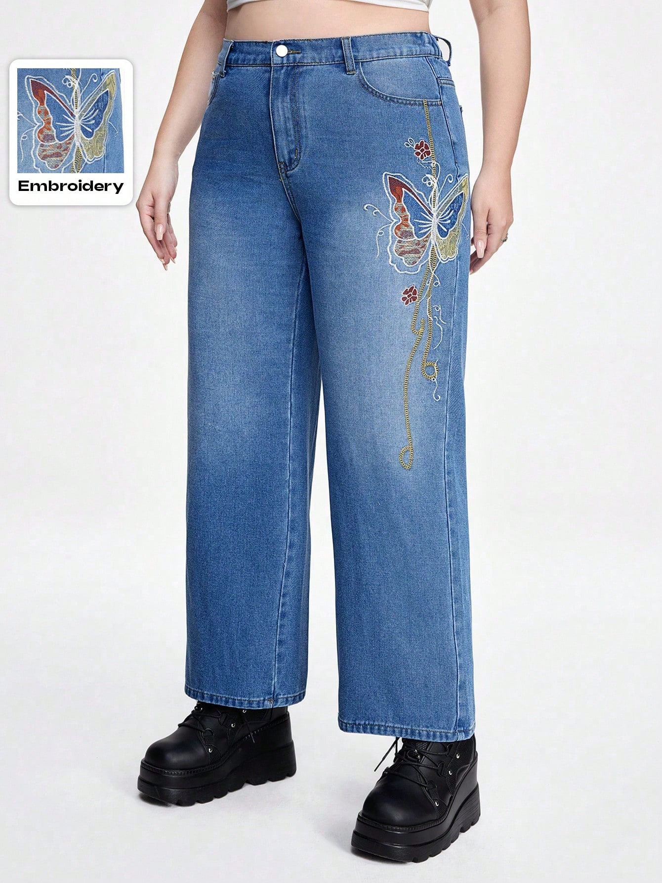 Fairycore Plus Size Straight Cut Butterfly Embroidered Jeans