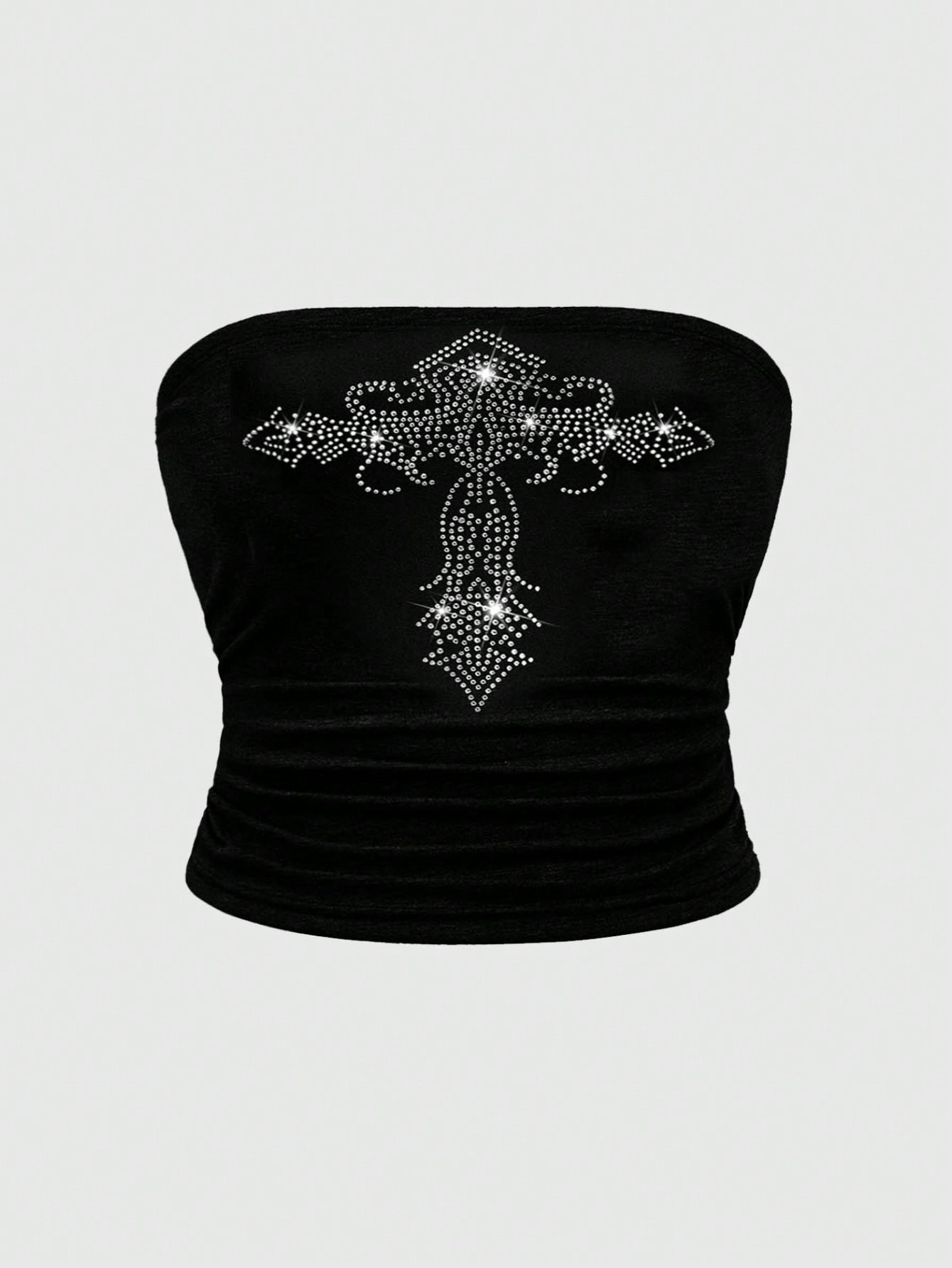 Grunge Punk Retro Sexy Rhinestone Cross Decorated Plus Size Women Black Tube Top