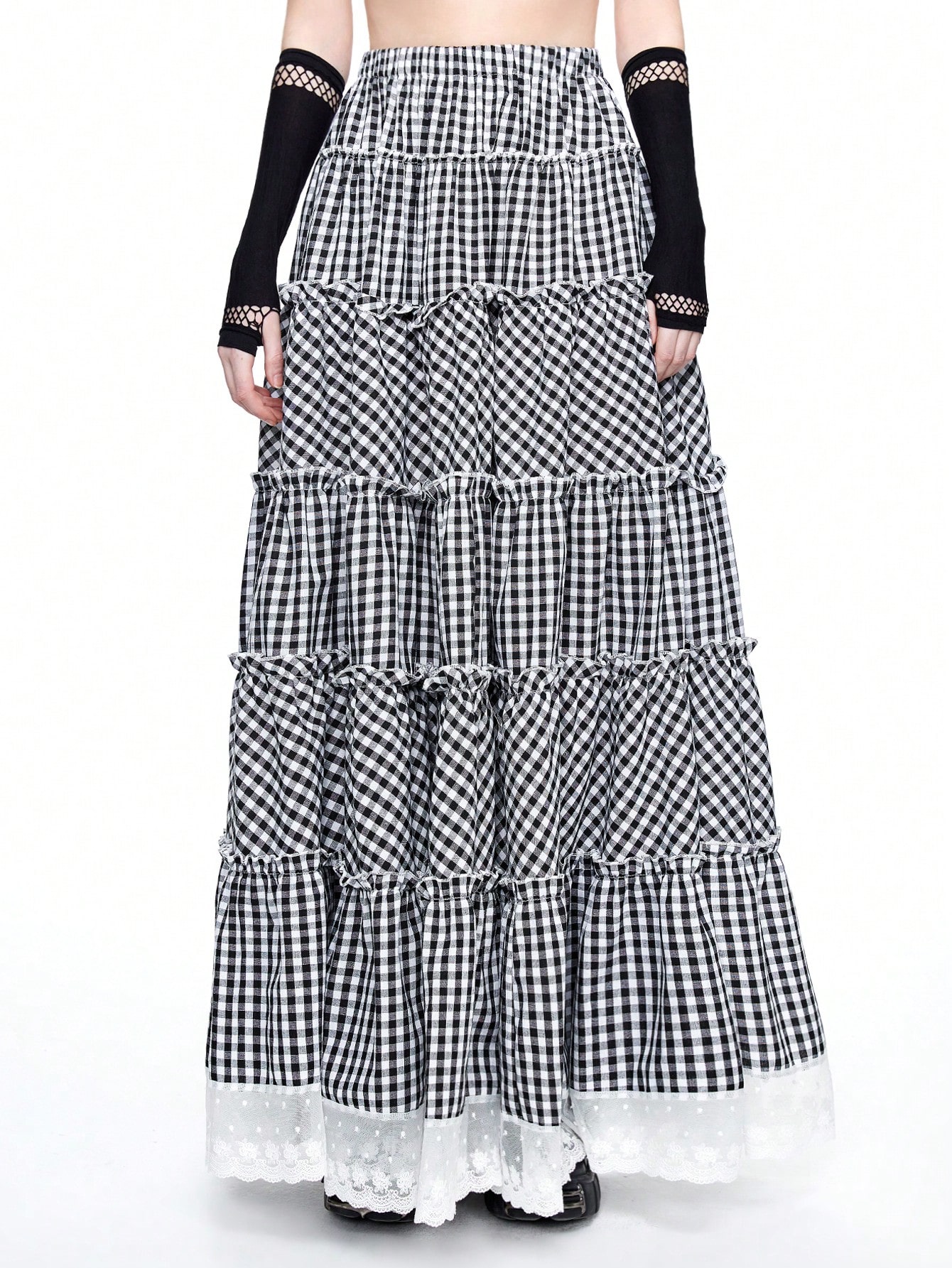 Kawaii Kawaii Retro Black & White Plaid Flared Lace Trim Maxi Skirt For Women