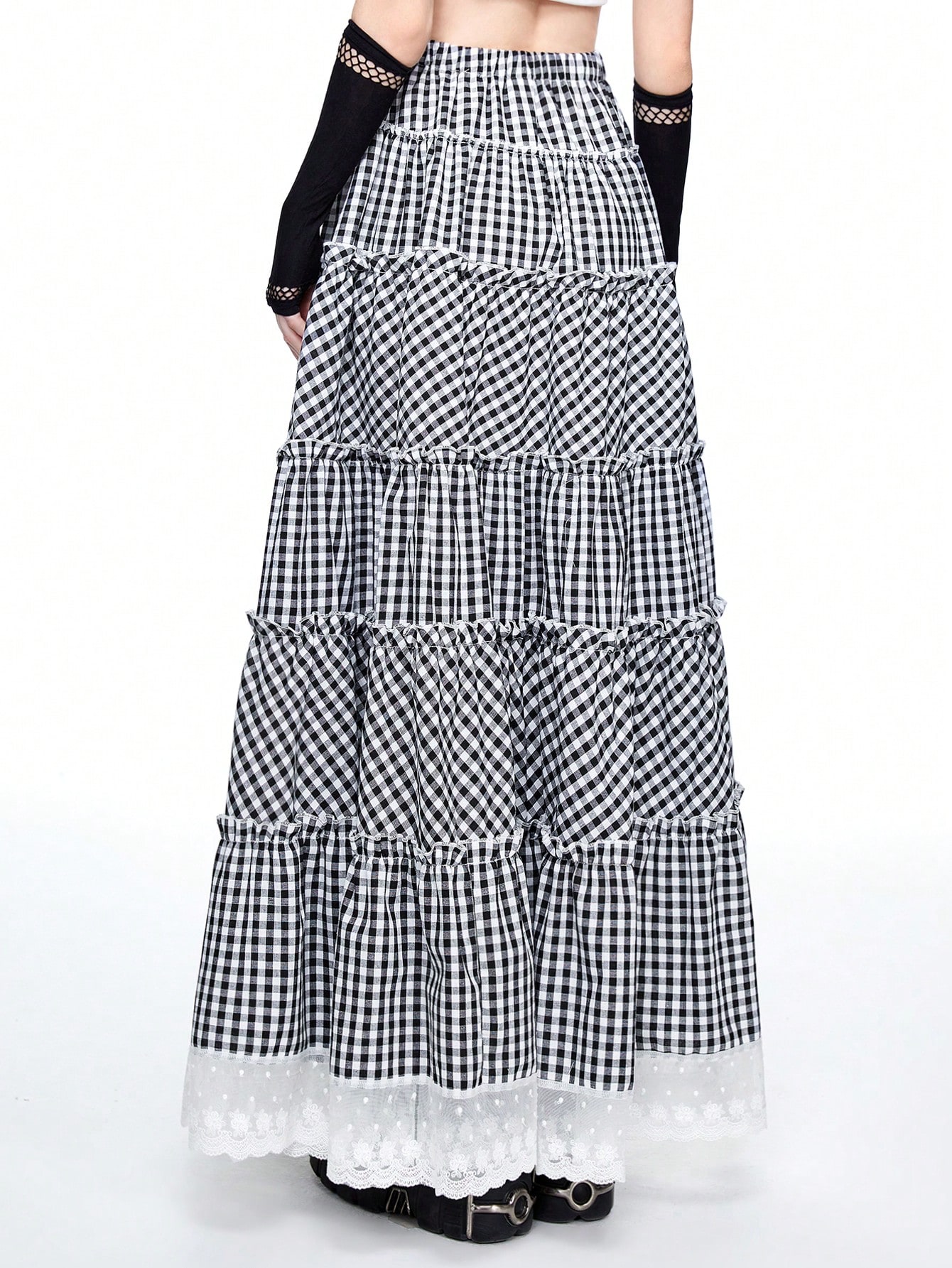 Kawaii Kawaii Retro Black & White Plaid Flared Lace Trim Maxi Skirt For Women
