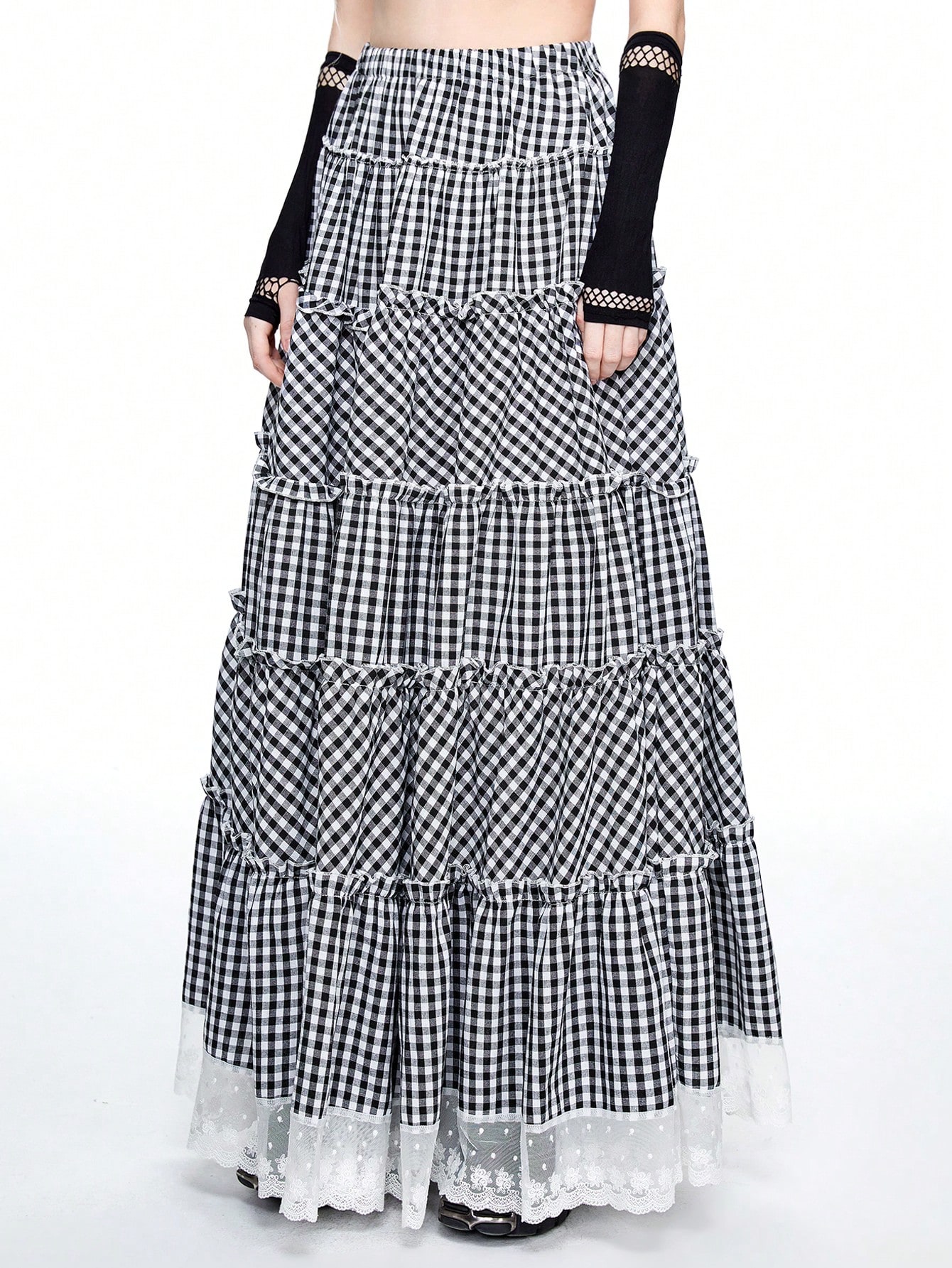 Kawaii Kawaii Retro Black & White Plaid Flared Lace Trim Maxi Skirt For Women