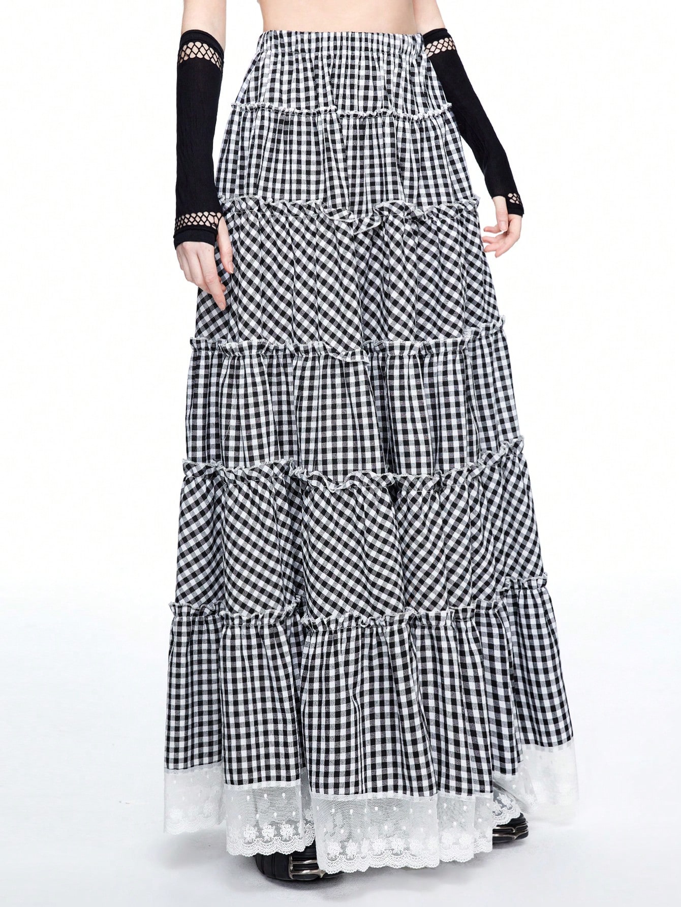 Kawaii Kawaii Retro Black & White Plaid Flared Lace Trim Maxi Skirt For Women