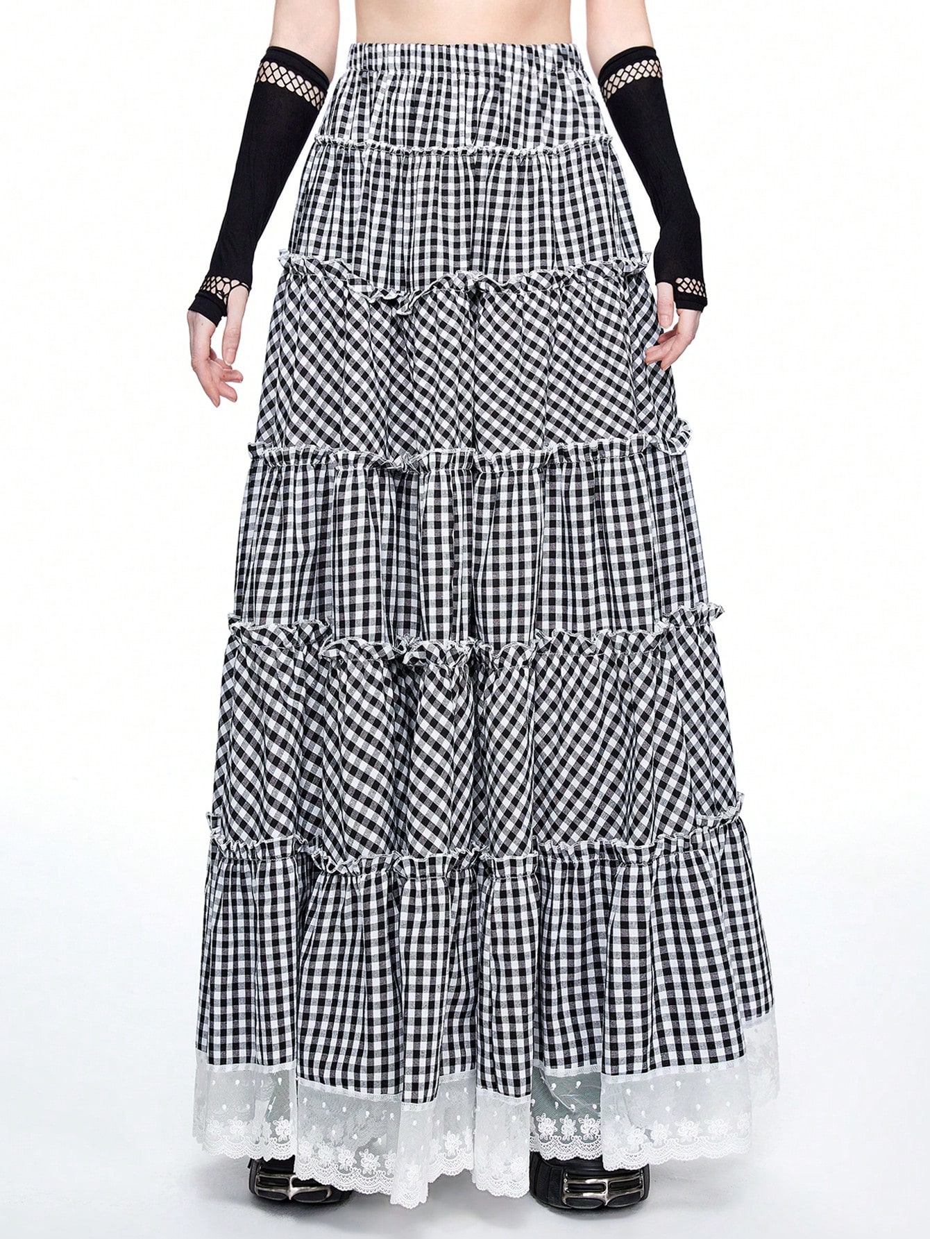 Kawaii Kawaii Retro Black & White Plaid Flared Lace Trim Maxi Skirt For Women