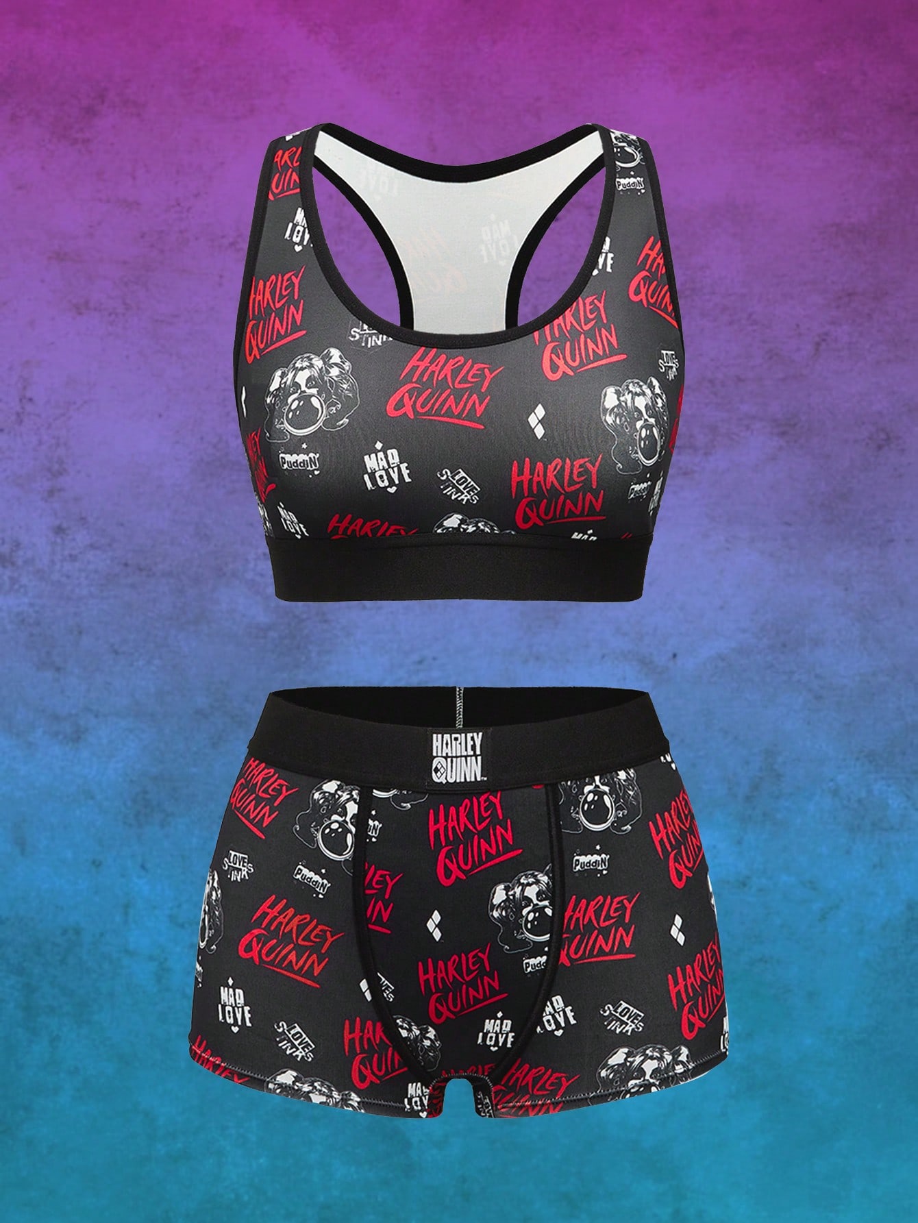 Harley Quinn | ROMWE Cartoon Character & Letter Print Racerback Sports Bra & Boxy Panty Set