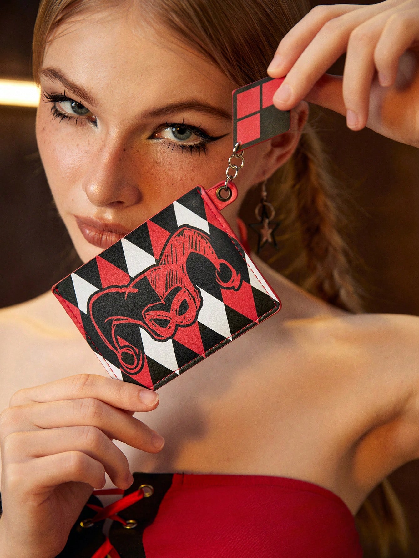 Harley Quinn | ROMWE Cartoon And Argyle Printed Multi-Layer Portable Card Holder