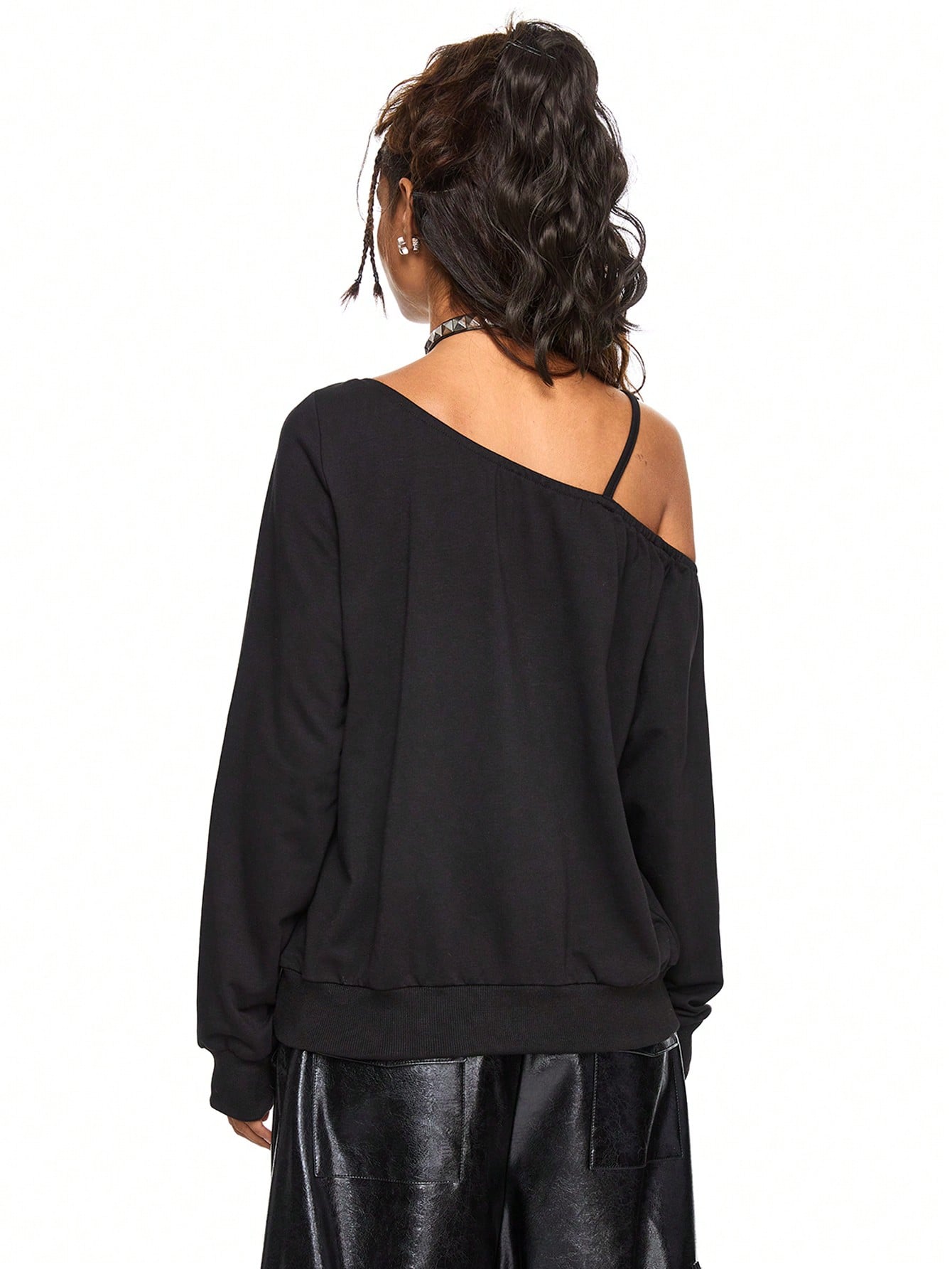 Goth Women Dark Gothic Style Oblique Shoulder Vampire Fang Print Loose Fit Long Sleeve Cotton Sweatshirt