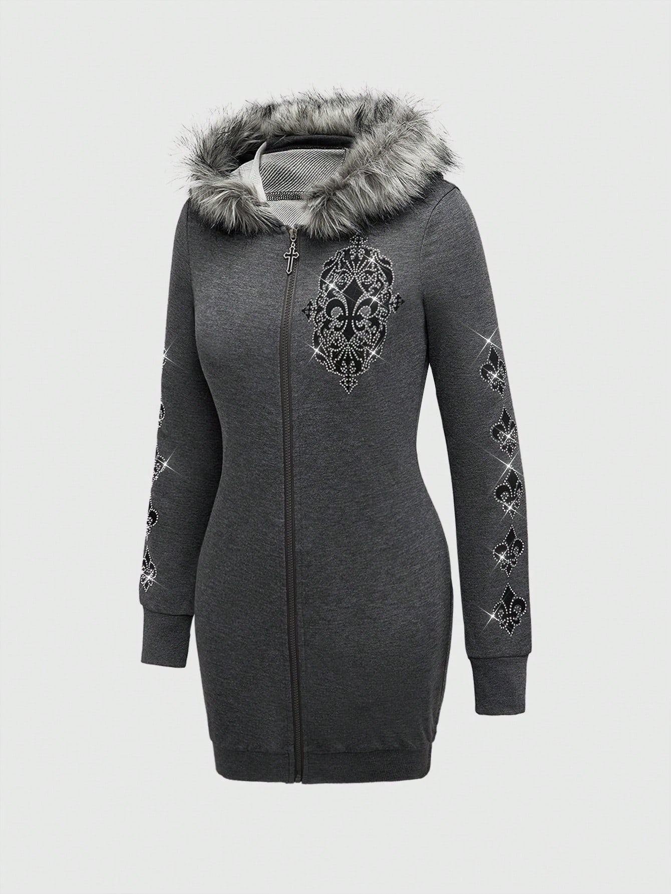 Fairycore Vintage Harajuku Punk Heart Rhinestones & Furry Splicing Sweatshirt Dress, Women Short Length Dress For Autumn & Winter