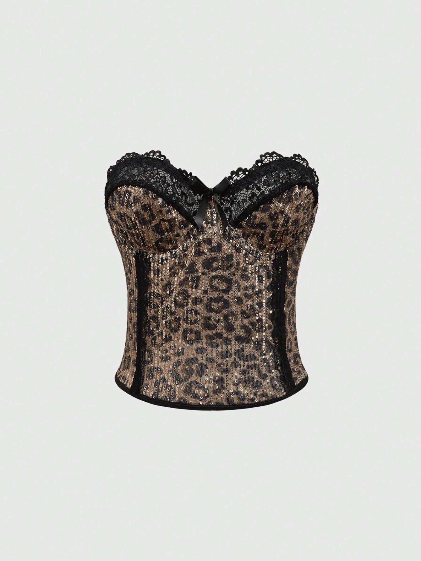 Grunge Punk Gyaru Carnaval New Year Holiday Shiny Sequin Vintage Y2K Harajuku Strappy Leopard Print Contrast Lace Bowknot Crop Top