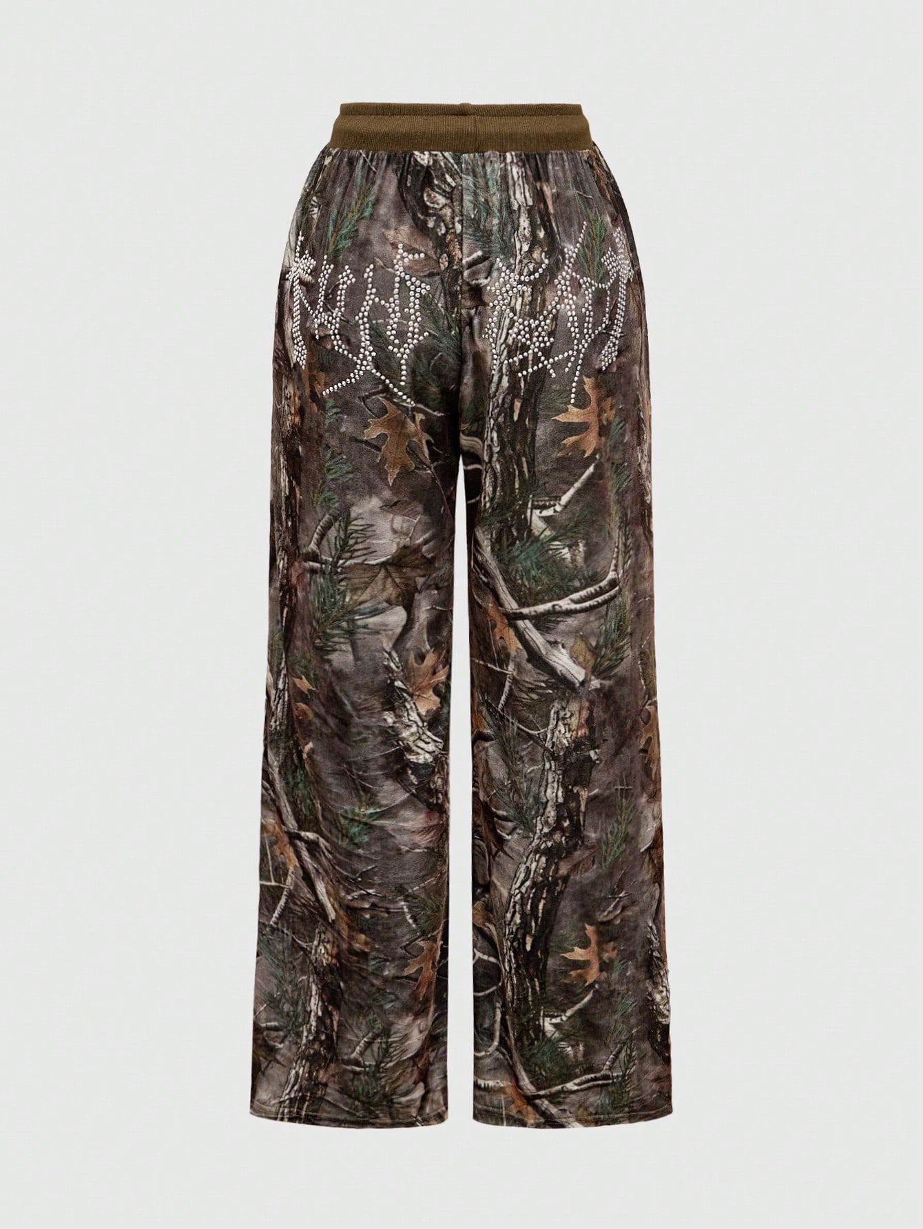 Grunge Punk Y2K Chic Women's Oversized Straight Leg Pants With Allover Print Rhinestone Branch & Slogan Pattern In Velvet