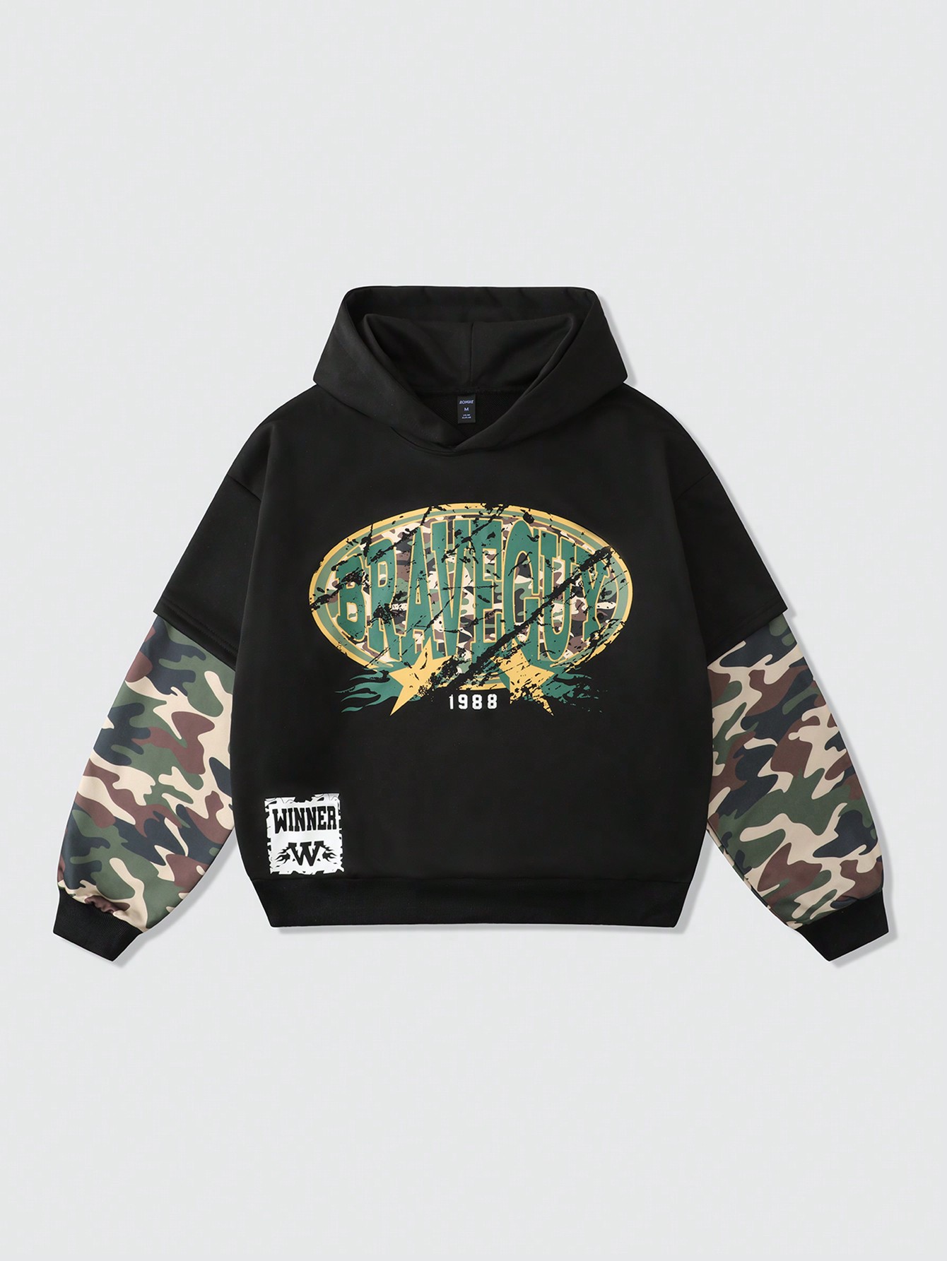 Street Life Men's Loose Short Hooded Sweatshirt With Double Layer Sleeves, Street Style