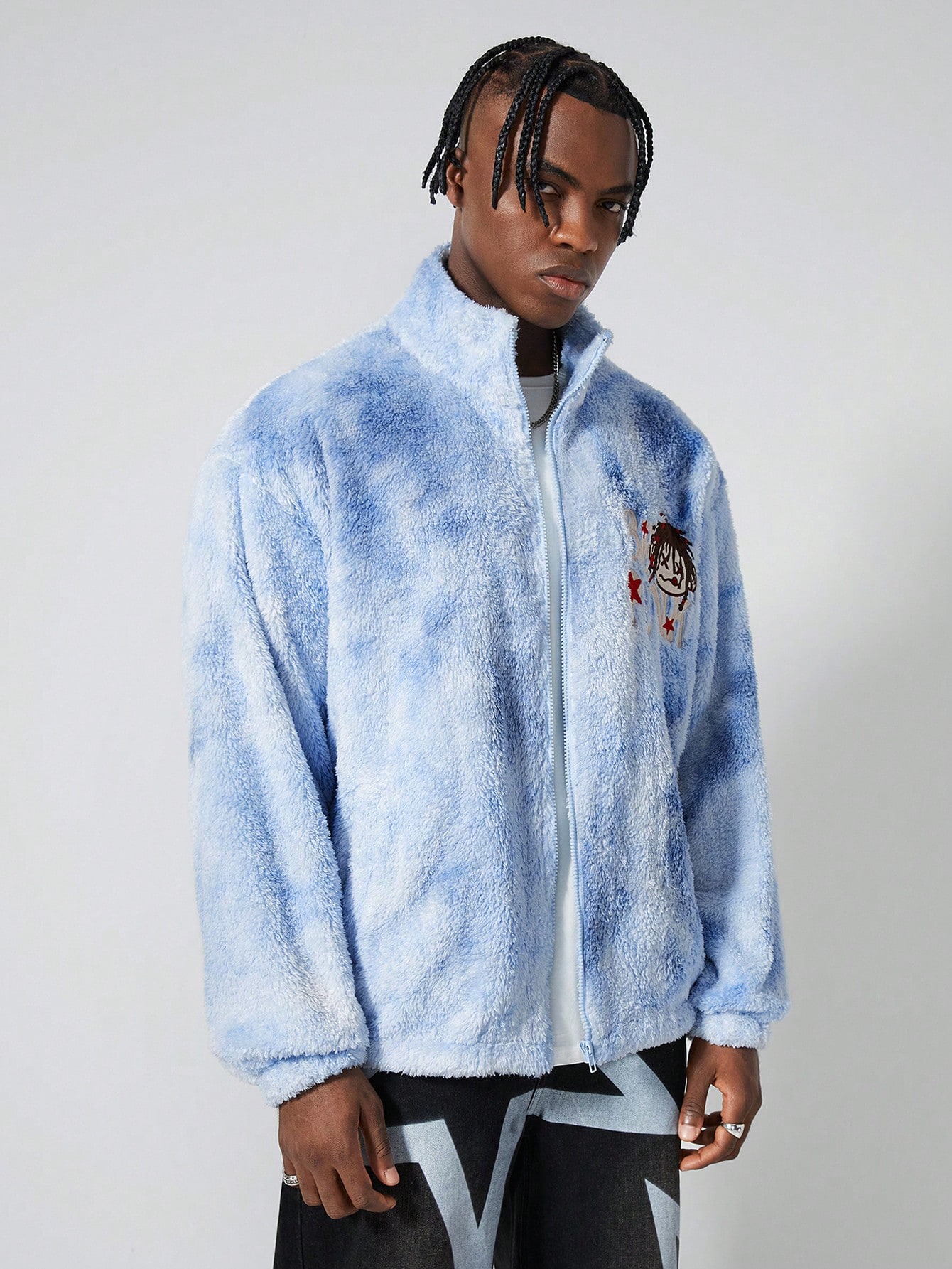 Street Life Men Plush Cartoon & Letter Embroidery Long Sleeve Jacket & Coat, Autumn/Winter
