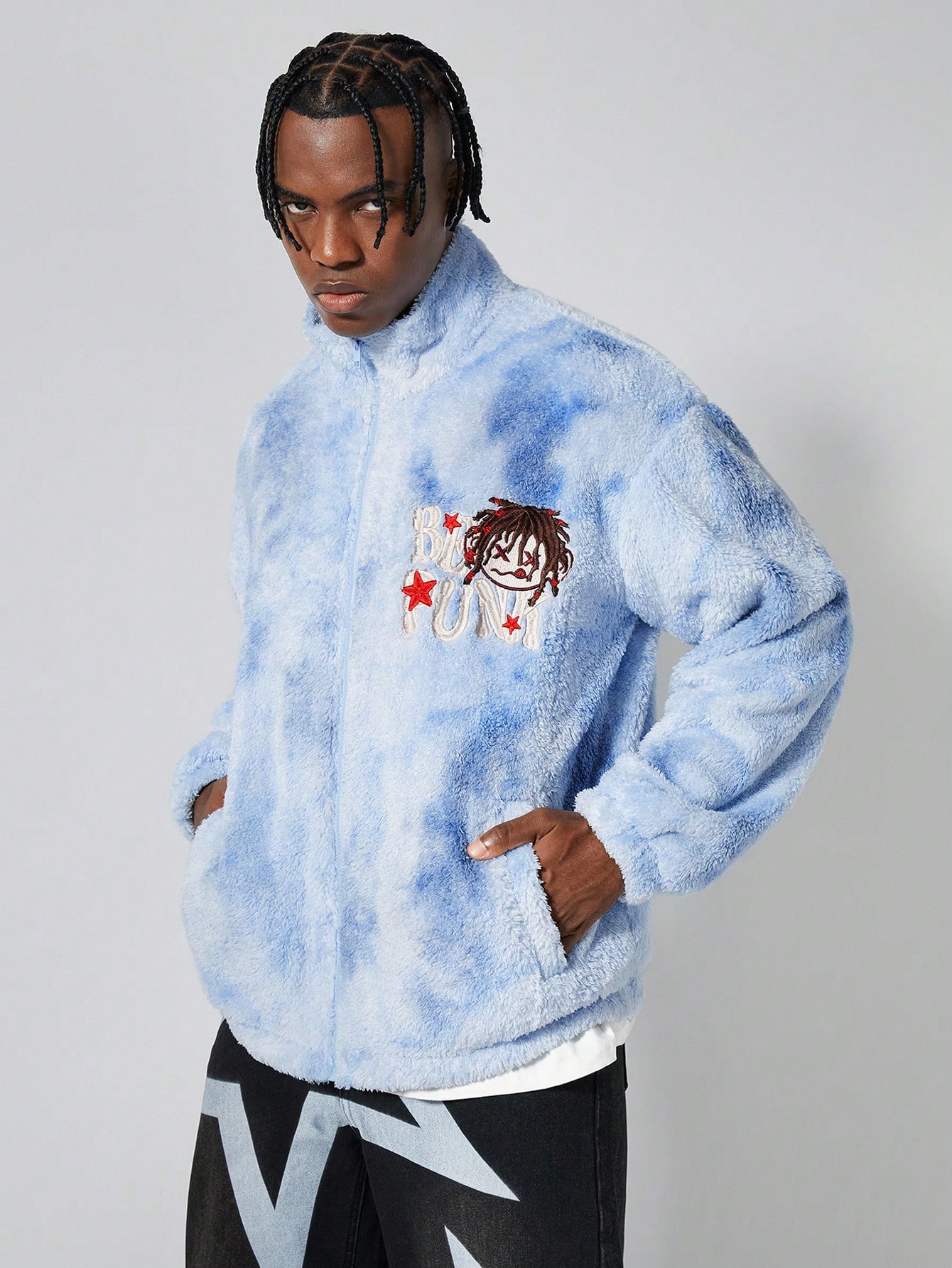 Street Life Men Plush Cartoon & Letter Embroidery Long Sleeve Jacket & Coat, Autumn/Winter