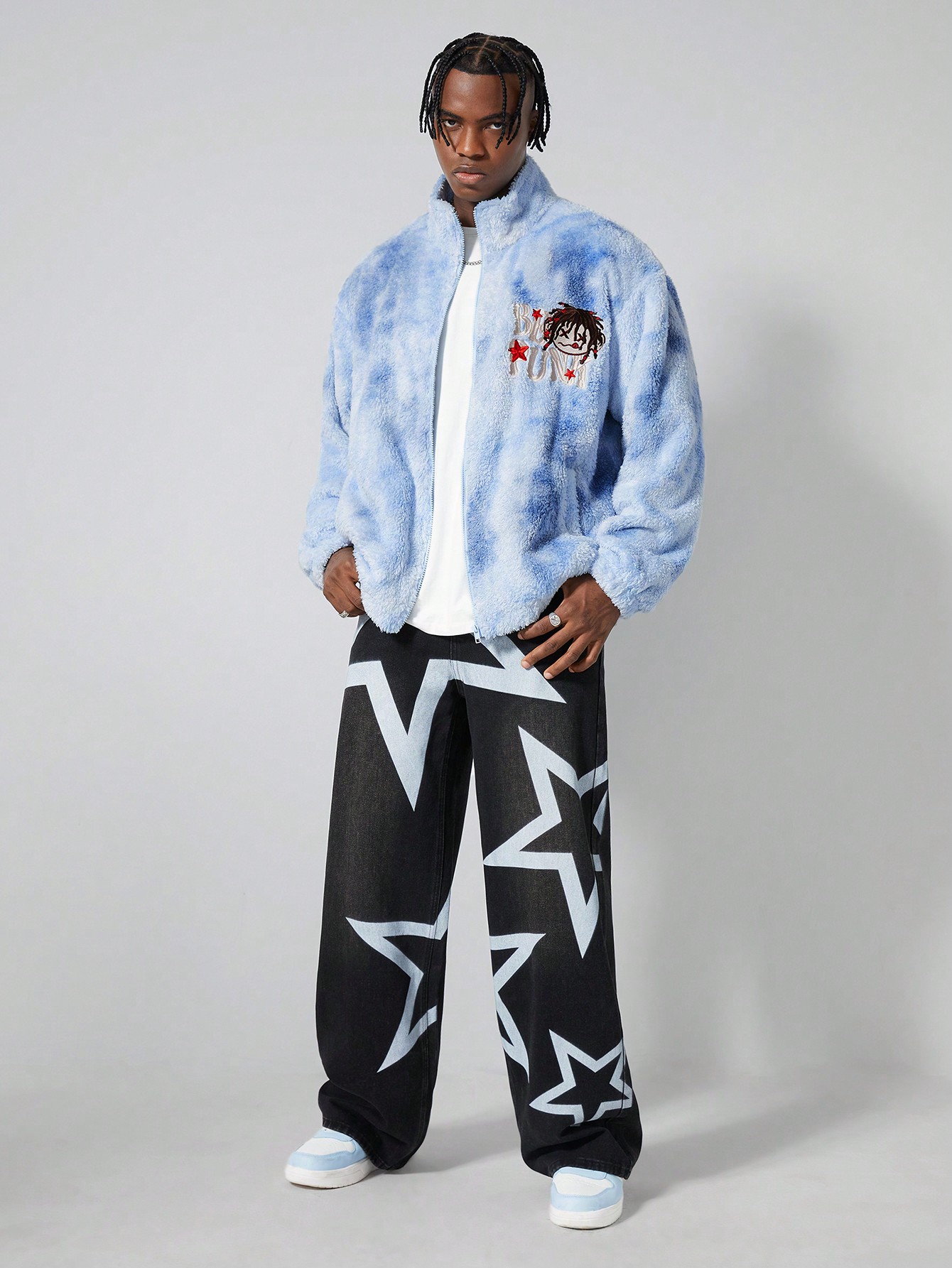 Street Life Men Plush Cartoon & Letter Embroidery Long Sleeve Jacket & Coat, Autumn/Winter