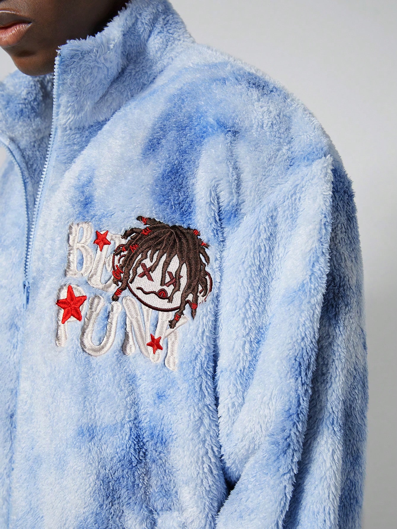 Street Life Men Plush Cartoon & Letter Embroidery Long Sleeve Jacket & Coat, Autumn/Winter